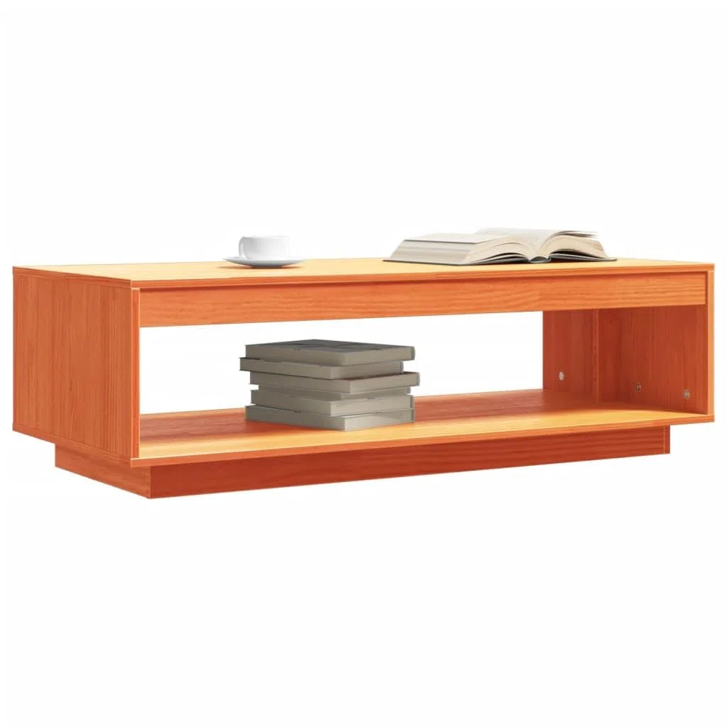 Mesa de centro marrón cera, madera de pino maciza, 110 x 50 x 33,5 cm, con estante y espacio de almacenamiento, moderna mesa de sofá para salón y sala de estar