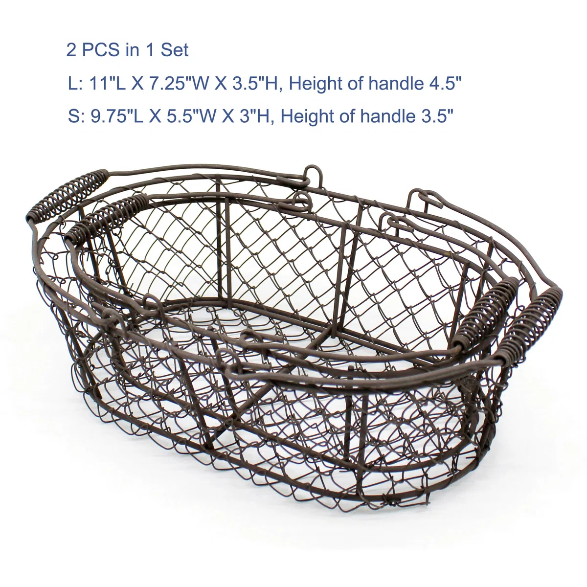 CVHOMEDECO. Cesta ovalada de alambre para huevos Cesta de alambre para frutas con asa Primitives Cesta de almacenaje estilo vintage. Oxidado, Juego de 2