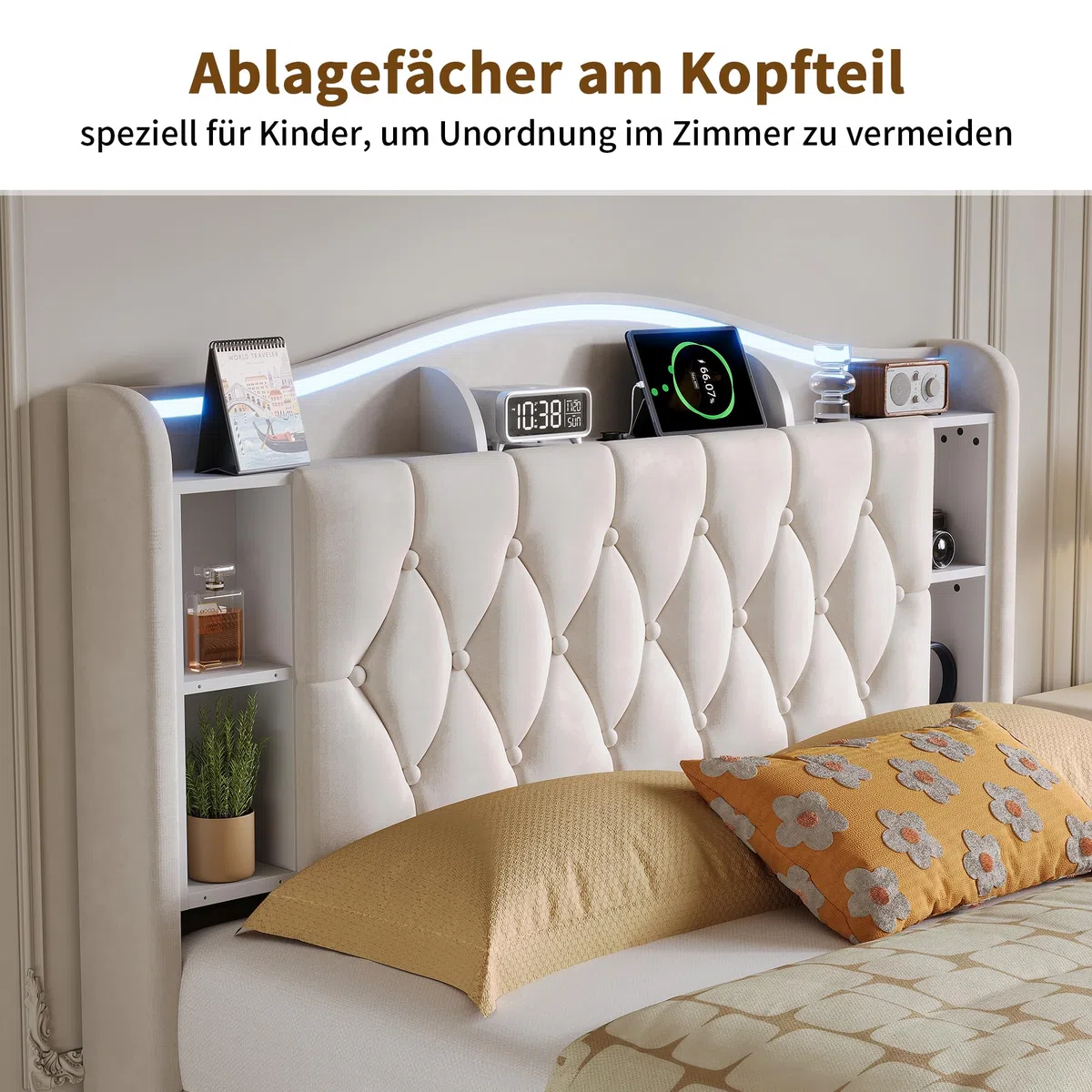 Cama tapizada de 160 x 190 cm con espacio de almacenamiento, cama doble con LED, cama hidráulica con somier, cama con somier, cama juvenil con espacio de almacenamiento y cabecero, para