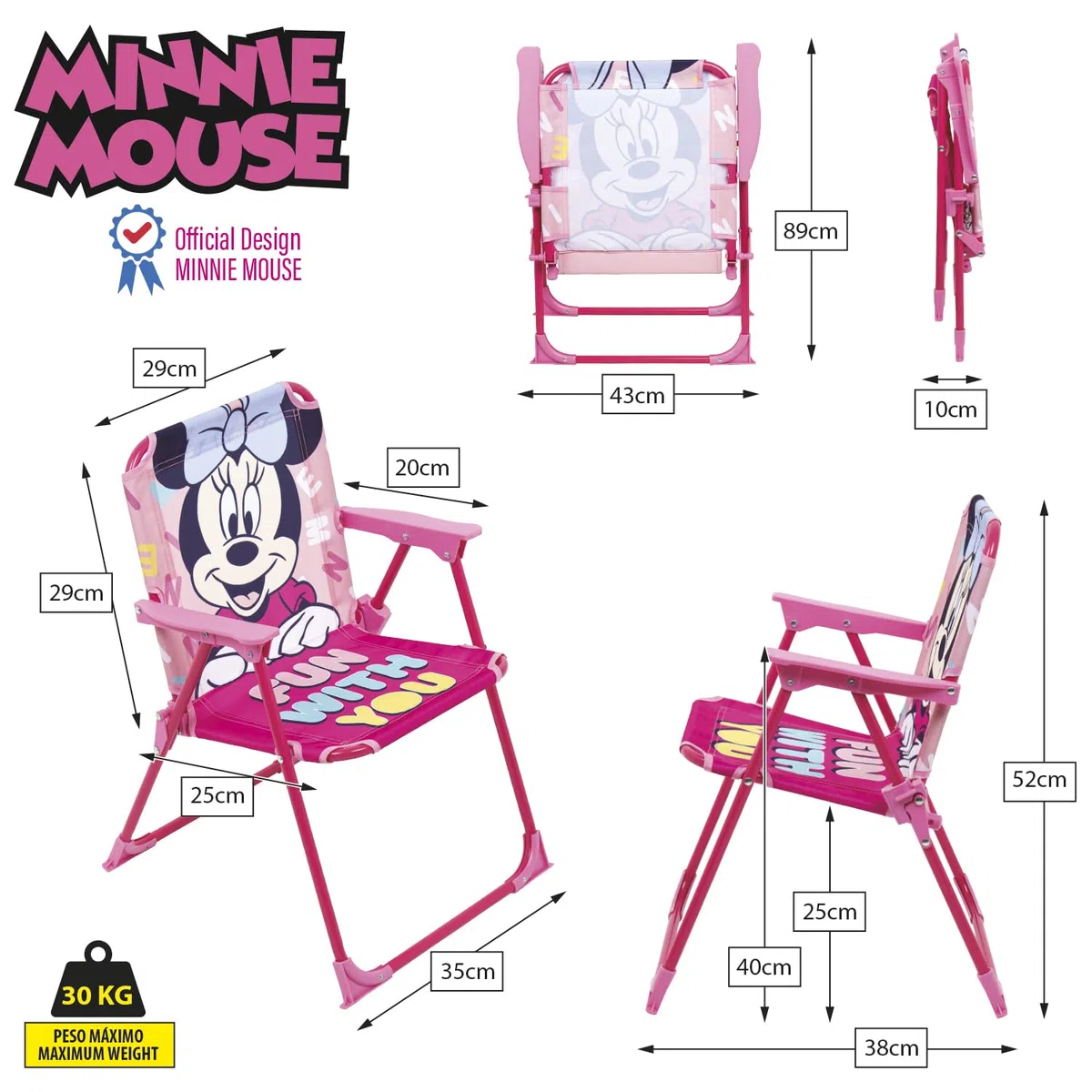 ARDITEX Silla Plegable Infantil Minnie Mouse, Silla Exterior 38 x 32 x 53cm Rosa