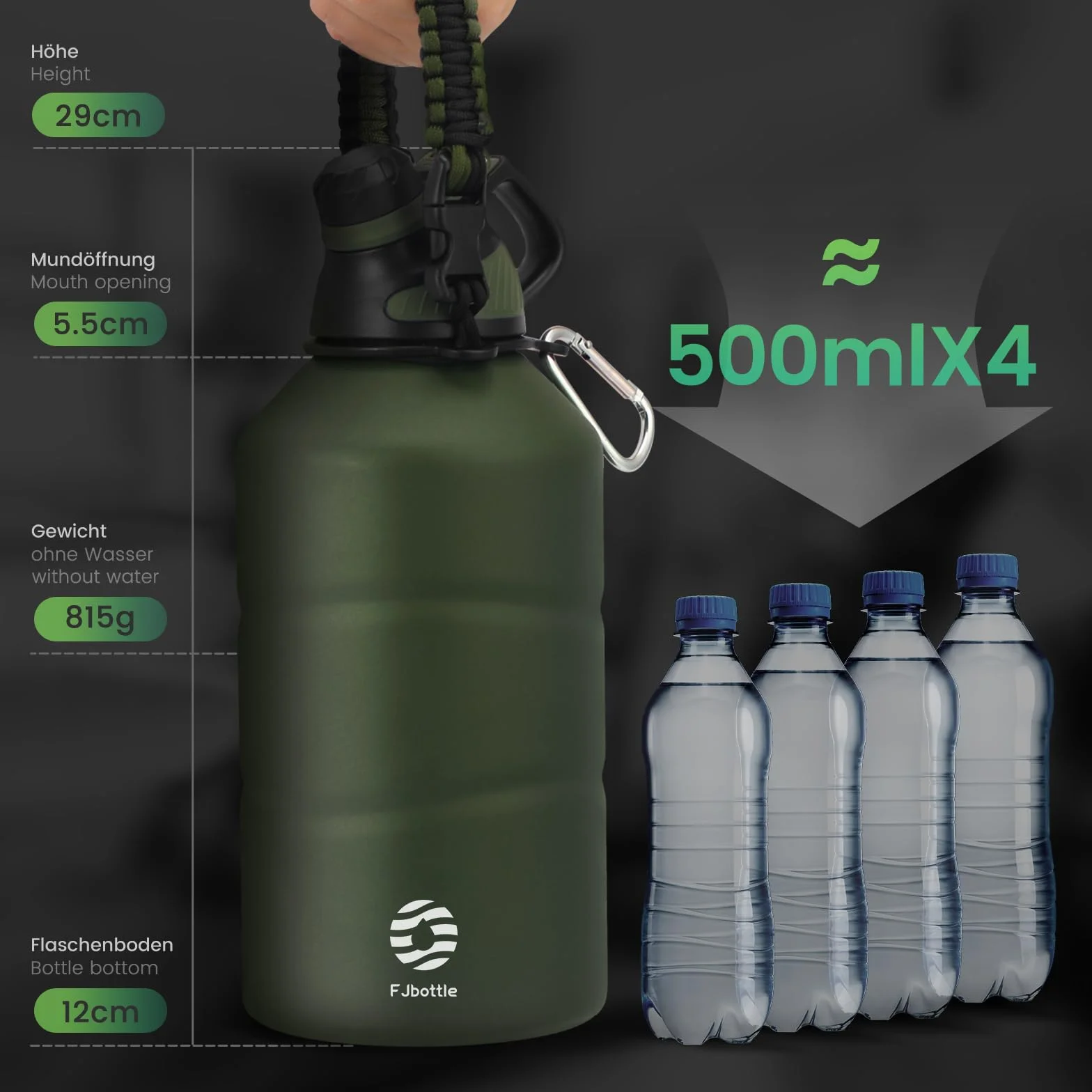 Fjbottle Botella Termica 1900ML con tapa magnética, sin BPA/sin Fugas botella agua acero inoxidable Gimnasio termo para deporte/bebida carbonatada