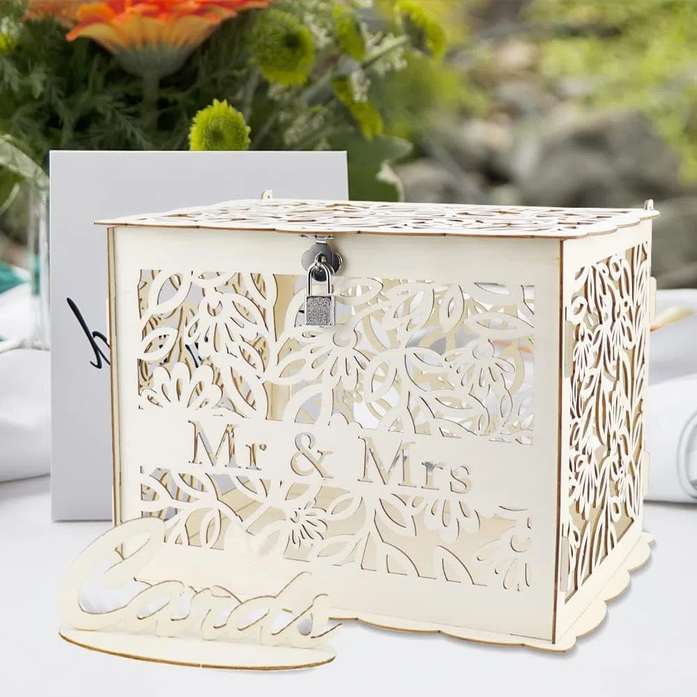 Caja de Madera para Tarjetas de Boda 30x23x23cm - Caja Tarjeta de Regalo Grande con Letrero y Cerradura para Decoración de Boda y Aniversario - Mr & Mrs
