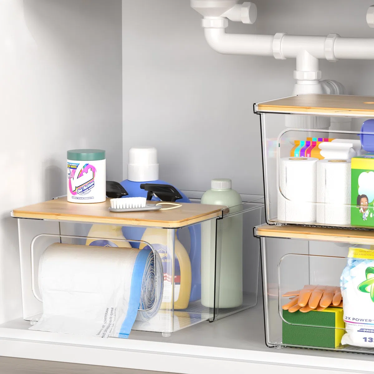 iCASA Dispensador de bolsas de basura, soporte para rollo – Contenedor de bolsas de basura acrílico transparente 2 en 1 con tapa de bambú, caja de almacenamiento de bolsas de plástico para cocina,