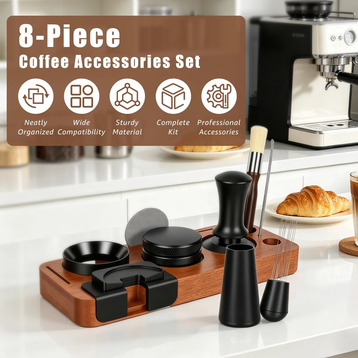 Set de Accesorios para Espresso de 8 Piezas, para Máquinas Espresso | Prensador 51mm con Estación de Prensado, Nivelador, Herramienta WDT, Anillo Dosificador, Cepillo, Filtro Puck Screen, Varilla