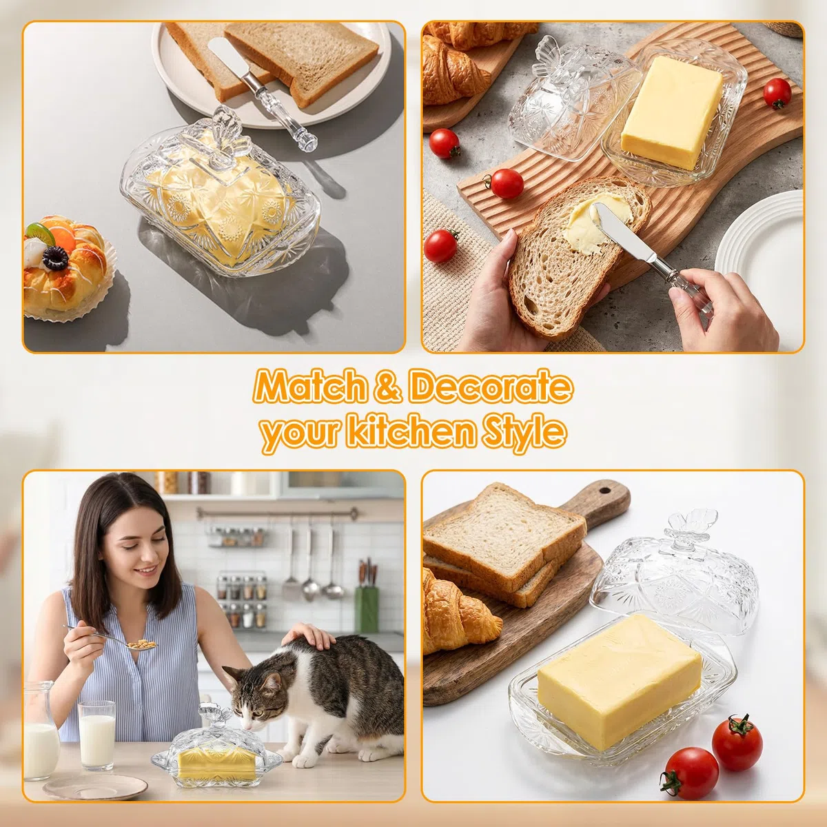 Buachois Mantequillera, Tarro de Mantequilla de Vidrio, Juego de Plato Transparente con Tapa y Cuchillo Acero Inoxidable Patrón de Mariposa de Mantequilla Multifuncional Plato Queso Pastel y Fruta