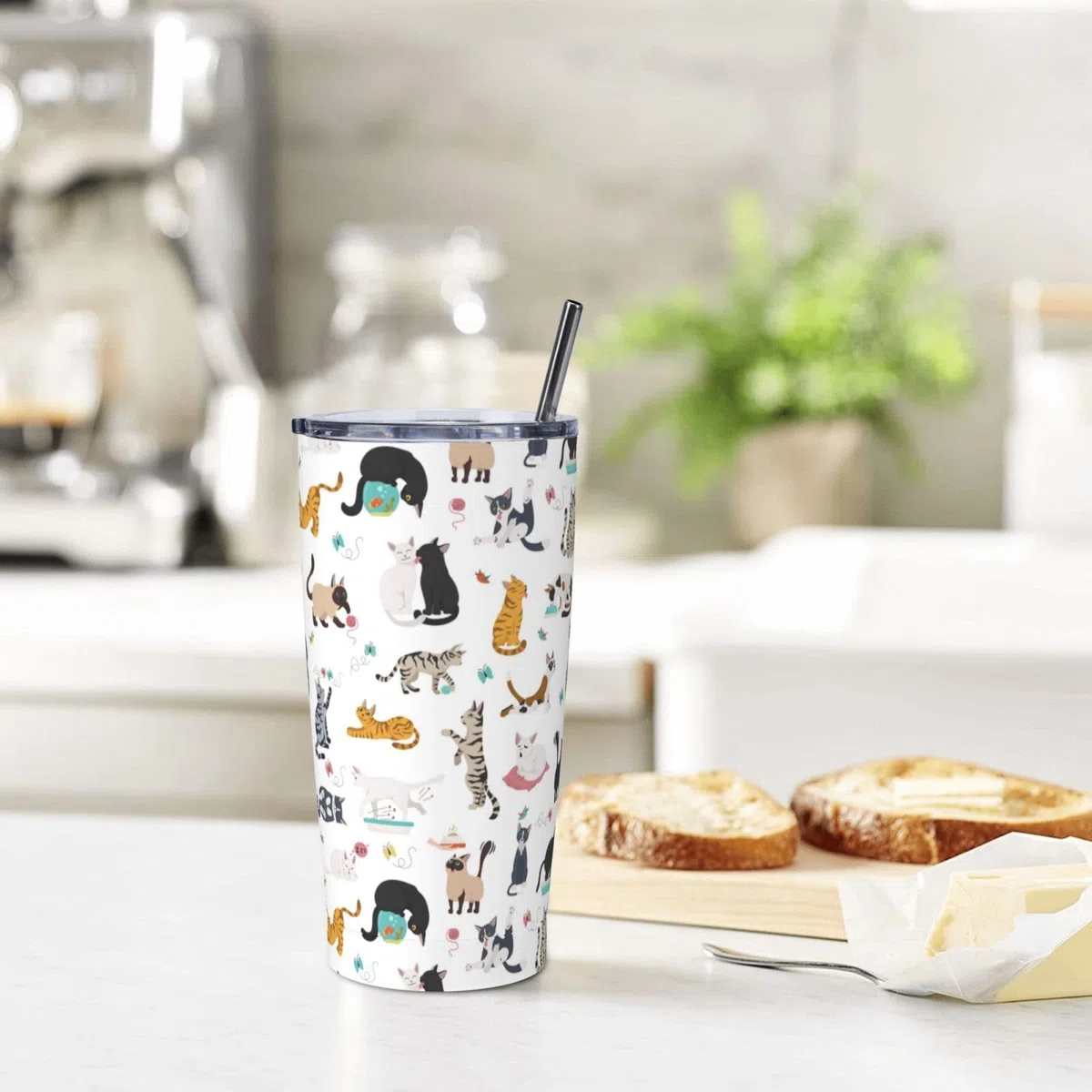 Vaso de gato con tapa y popote, botella de agua aislada de acero inoxidable de 20 onzas, taza de café de viaje, consejos de un gato regalo para mujeres
