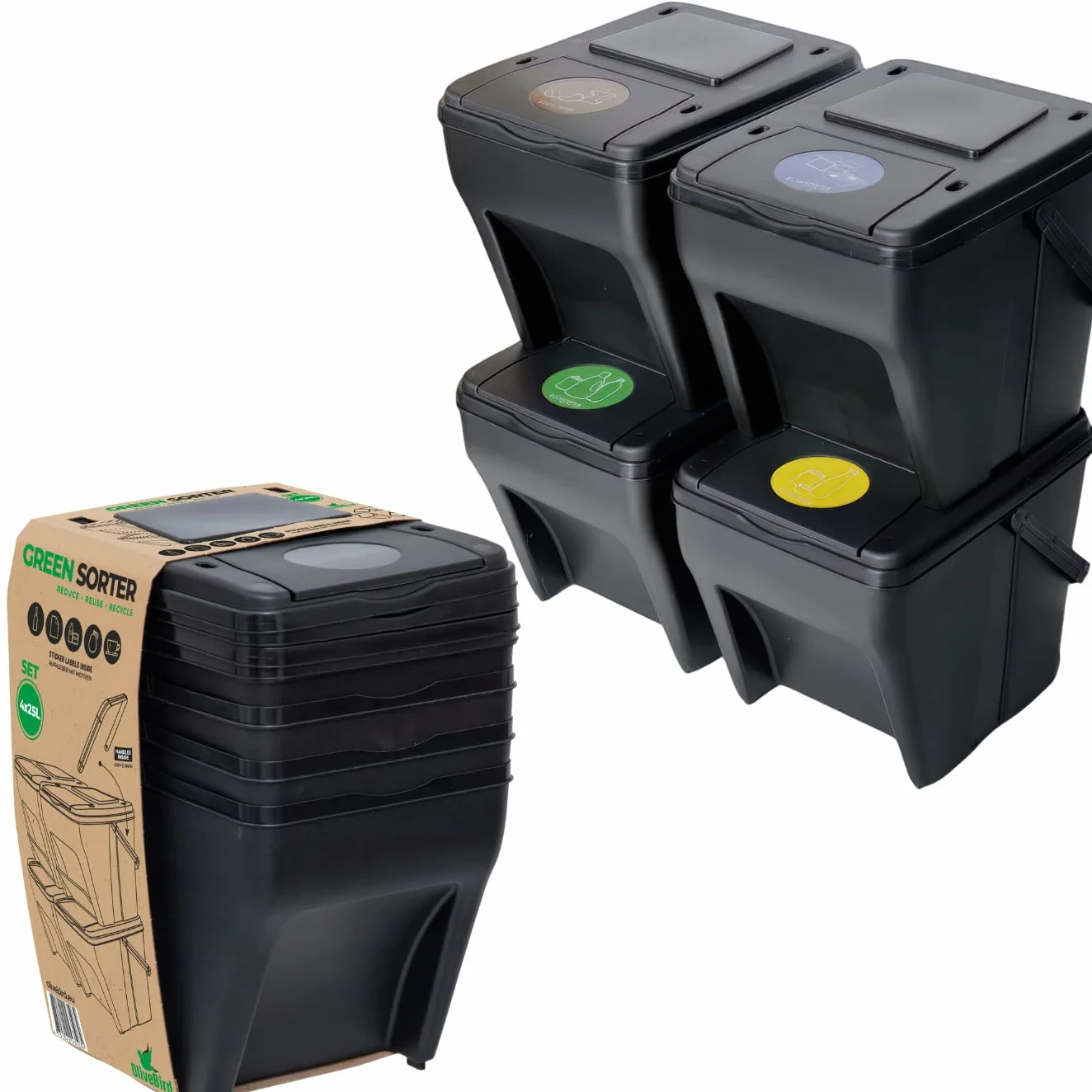 4 Cubo Basura Reciclaje 100L - 4x25L con 5 colores de pegatinas Cubo de clasificación selectiva para residuos orgánicos, papel, vidrio Sistemas de clasificación de basura