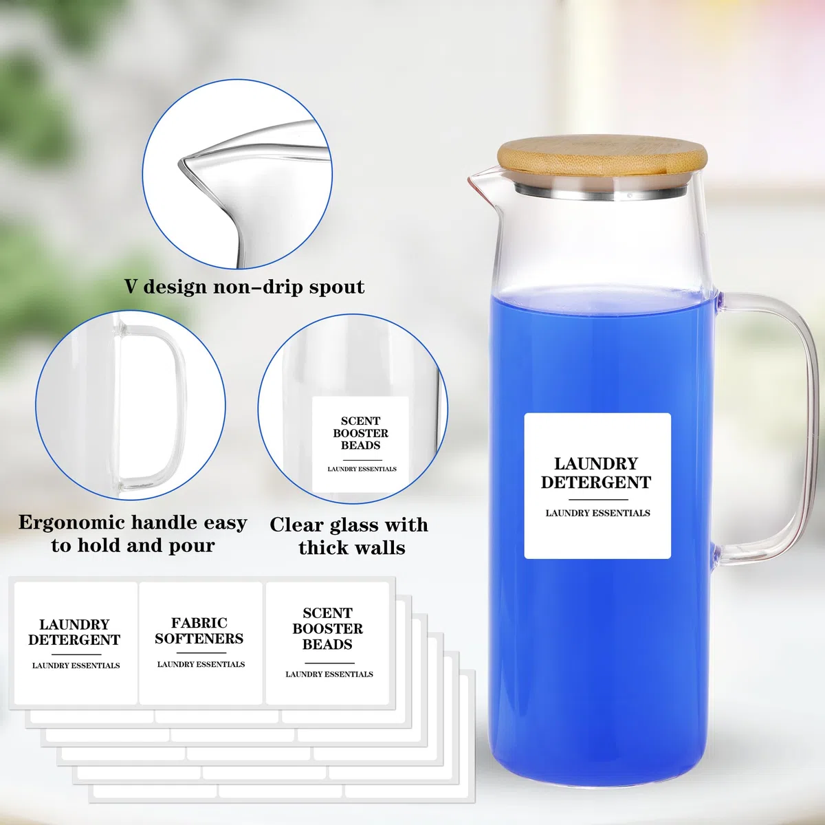 Juego de 3 dispensadores de detergente para ropa de 50 onzas con tapas y asas de bambú, recipientes para lavandería líquida