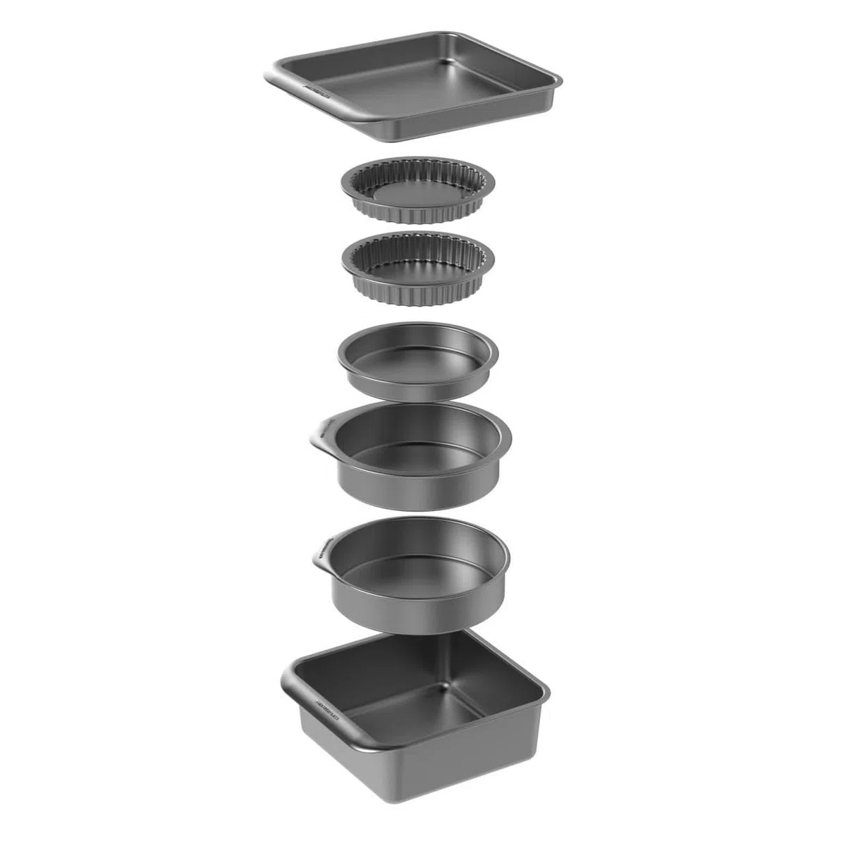 MasterClass Smart Space Bakeware Set 7 Piezas PTFE, PFOA y BPA Free Antiadherente y Apilable con Sartén para Asar, Bandeja para Brownie, 2 Sartenes Redondos, Sartén para Sándwich, 2 Platos para Quiche
