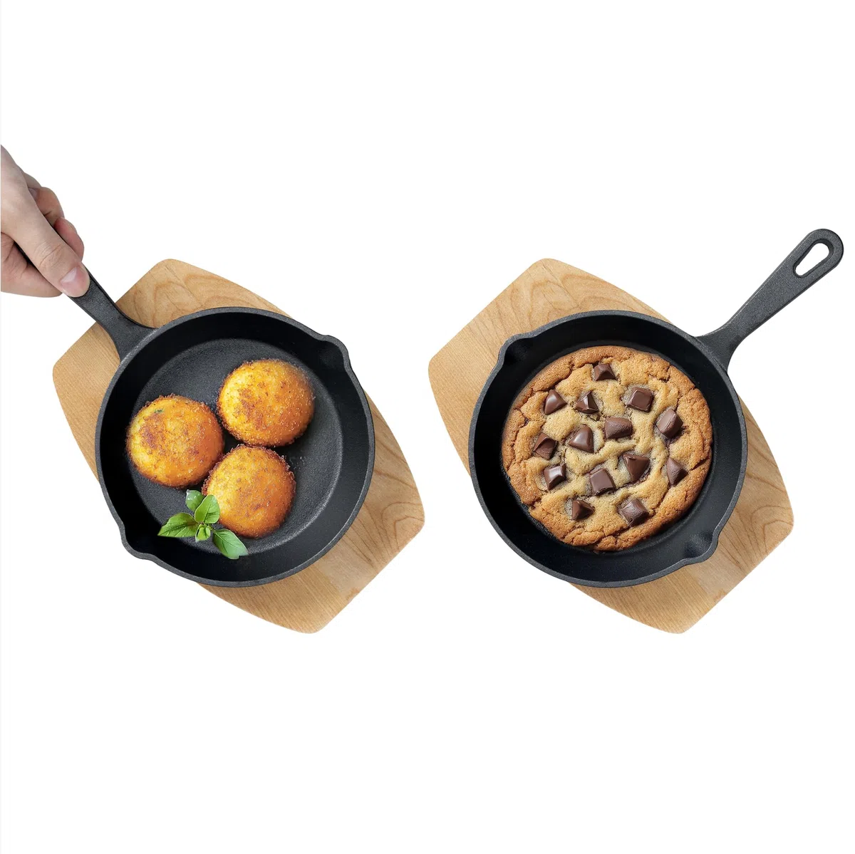 Navaris Mini sartenes de Hierro Fundido - 2X sartén para Huevos Tortillas Pancakes Muffins - con Base de Madera - Apta para Horno y BBQ - ⌀ 10,2 cm