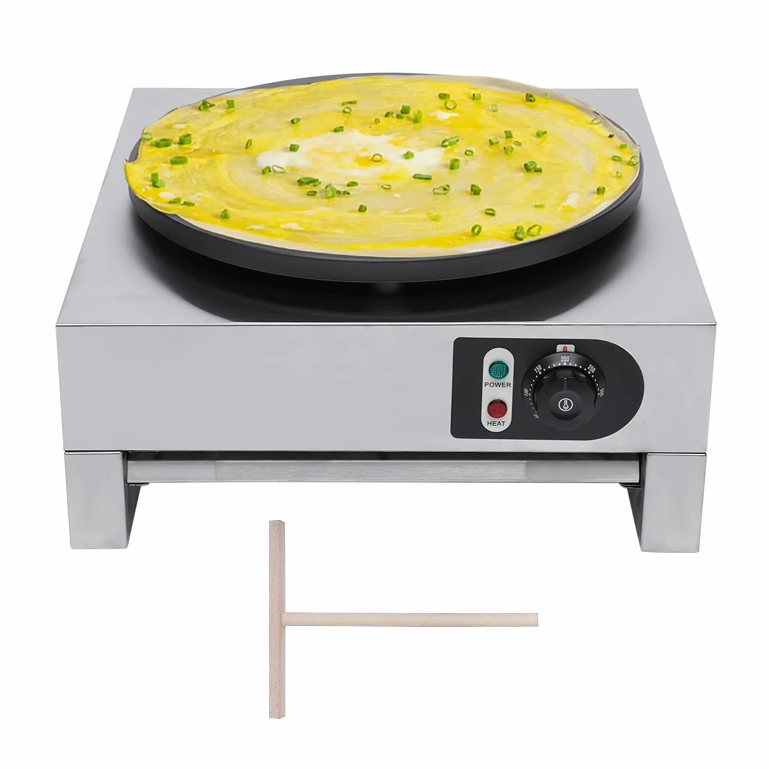 Crepera Electrica 3000W Máquina Comercial Para Hacer Crepes 50-300℃ Temperatura Ajustable Máquina de Crepé 40cm Bandeja con Indicadores Pies Antideslizantes Espátula de Madera