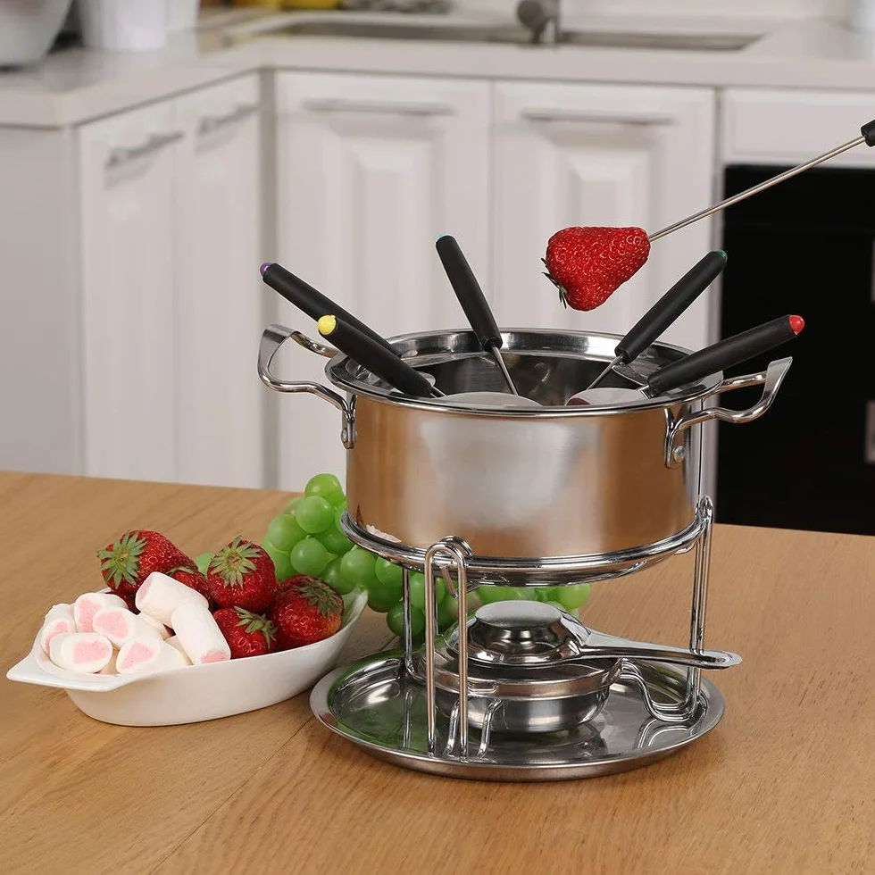 Set de Fondue de Queso para 6 Personas Fondue de Acero Inoxidable Hogar DIY Fondue de Carne y Queso Juego de Fondue con Quemador Perfecto para una Fiesta de Vacaciones（Plata o2）