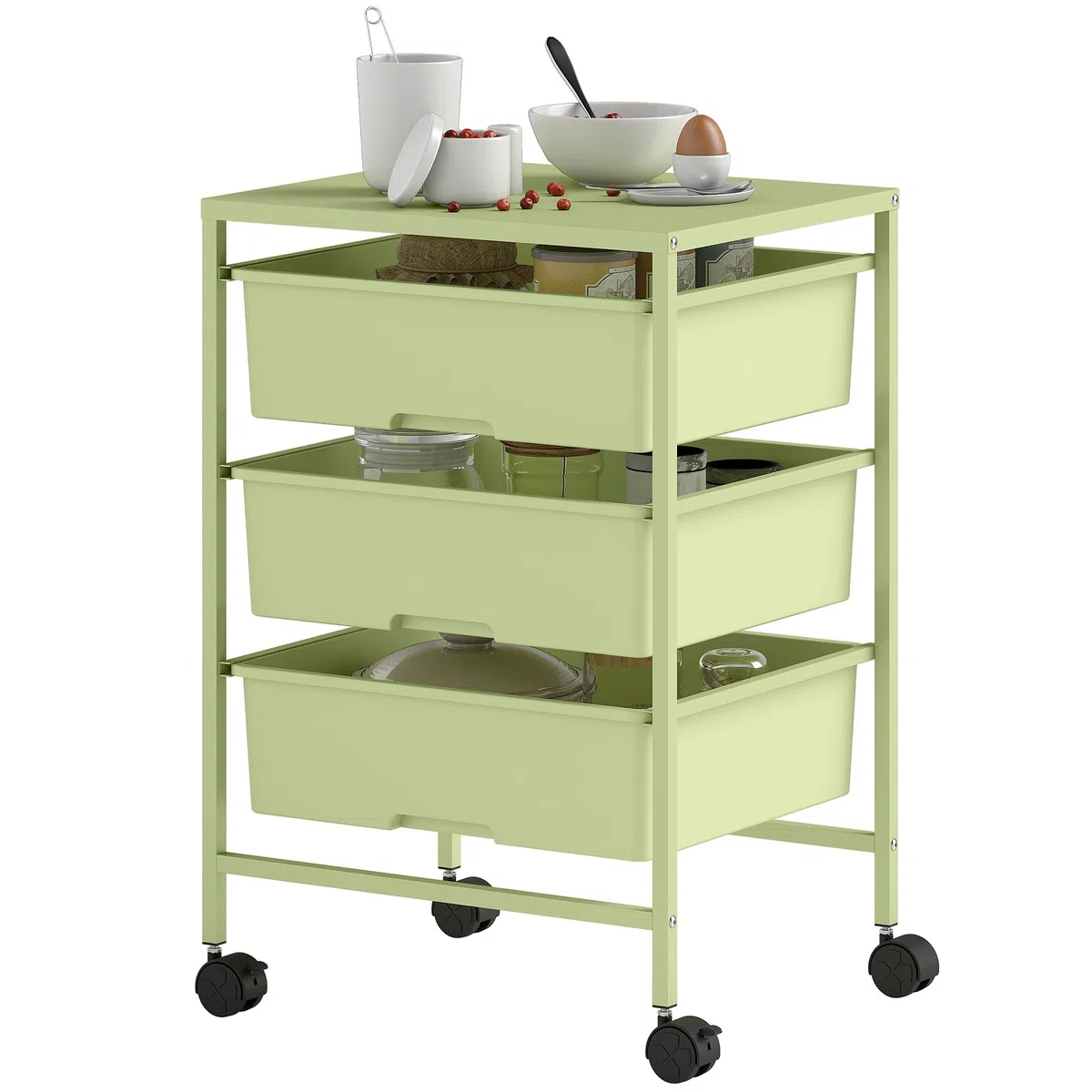 HOMCOM Carrito de Almacenamiento de 4 Niveles, Carrito de Cocina con Ruedas, 3 Cestas, Tablero y Marco de Acero, para Salón, Baño, Oficina, 40,8x33,5x60,5 cm, Verde