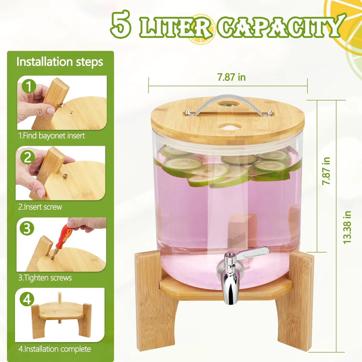 Dispensador de bebidas de vidrio de 5 litros, dispensador de bebidas de vidrio de borosilicato resistente a altas temperaturas, con tapa de boca ancha, tarro de bebidas calientes con soporte