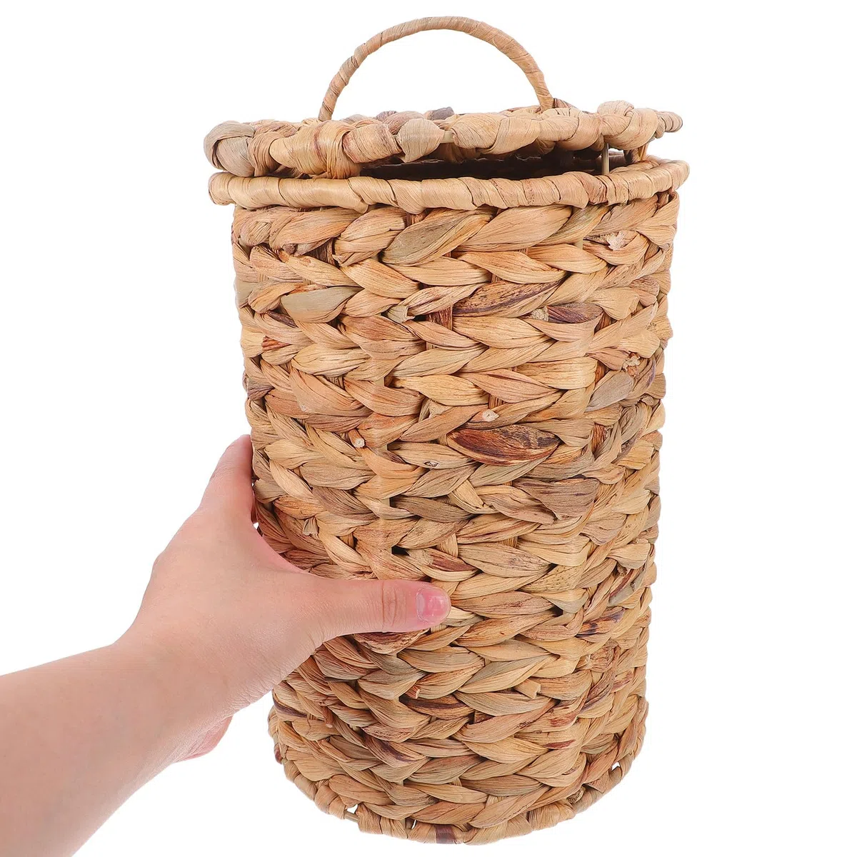 Cesto de Basura Tejido de Hierba de Calabaza Tapa, Papelera Decorativa para Mesita de Noche y Escritorio, Contenedor Portátil de Mimbre Rústico para Hogar