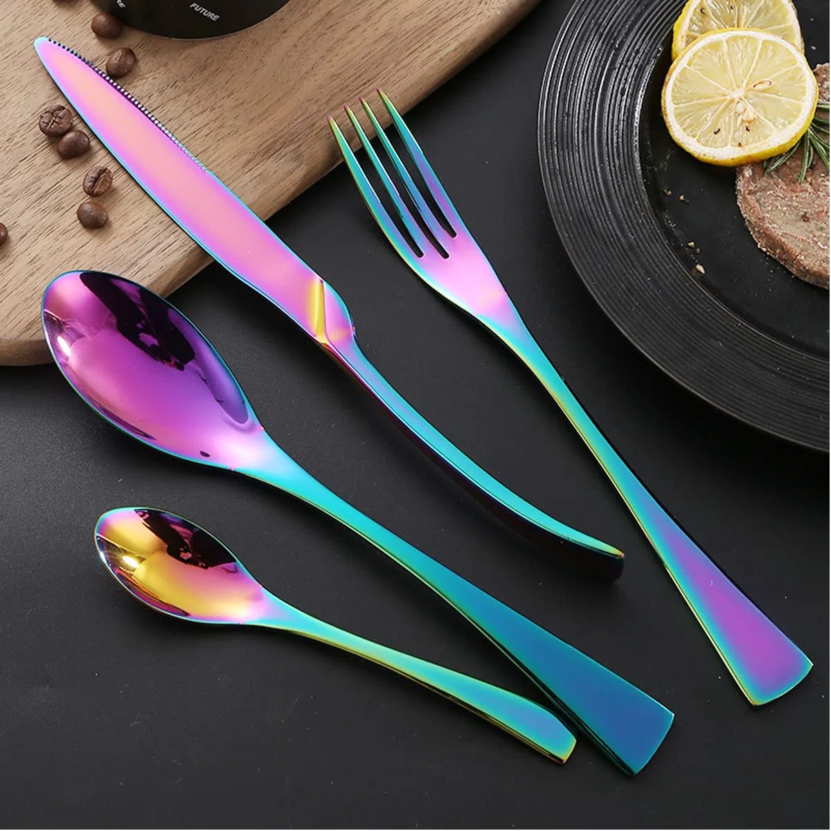 Juego de cubiertos de 24 personas, multicolor, juego de cubiertos de 24 piezas, incluye cuchillo de mesa, cuchillo de carne, tenedor de ensalada, cubiertos de acero inoxidable pulido espejo