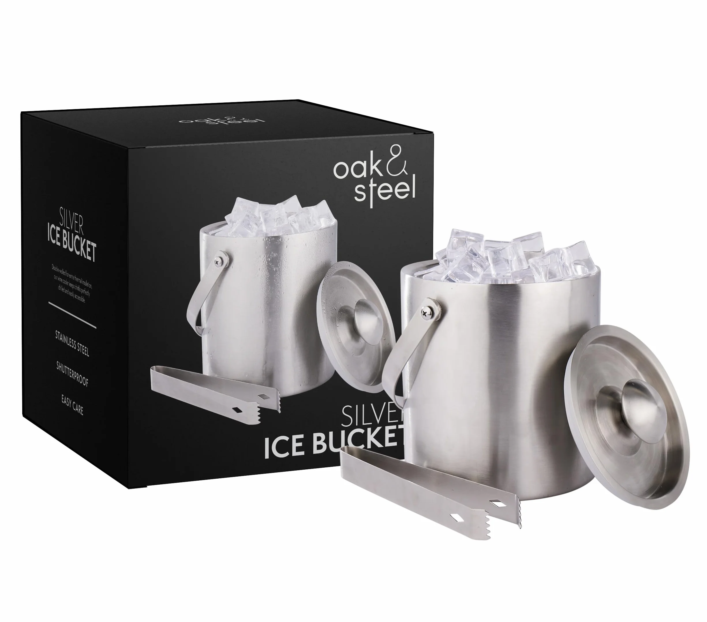 Oak & Steel - Cubiteras para Hielo con Tapa (2L) de Acero Inoxidable con Pinzas - Cubitera para Hielo Grande con Doble Pared, Ideal para Vino, Champagne y Eventos - Cubiteras de Hielo para Bebidas