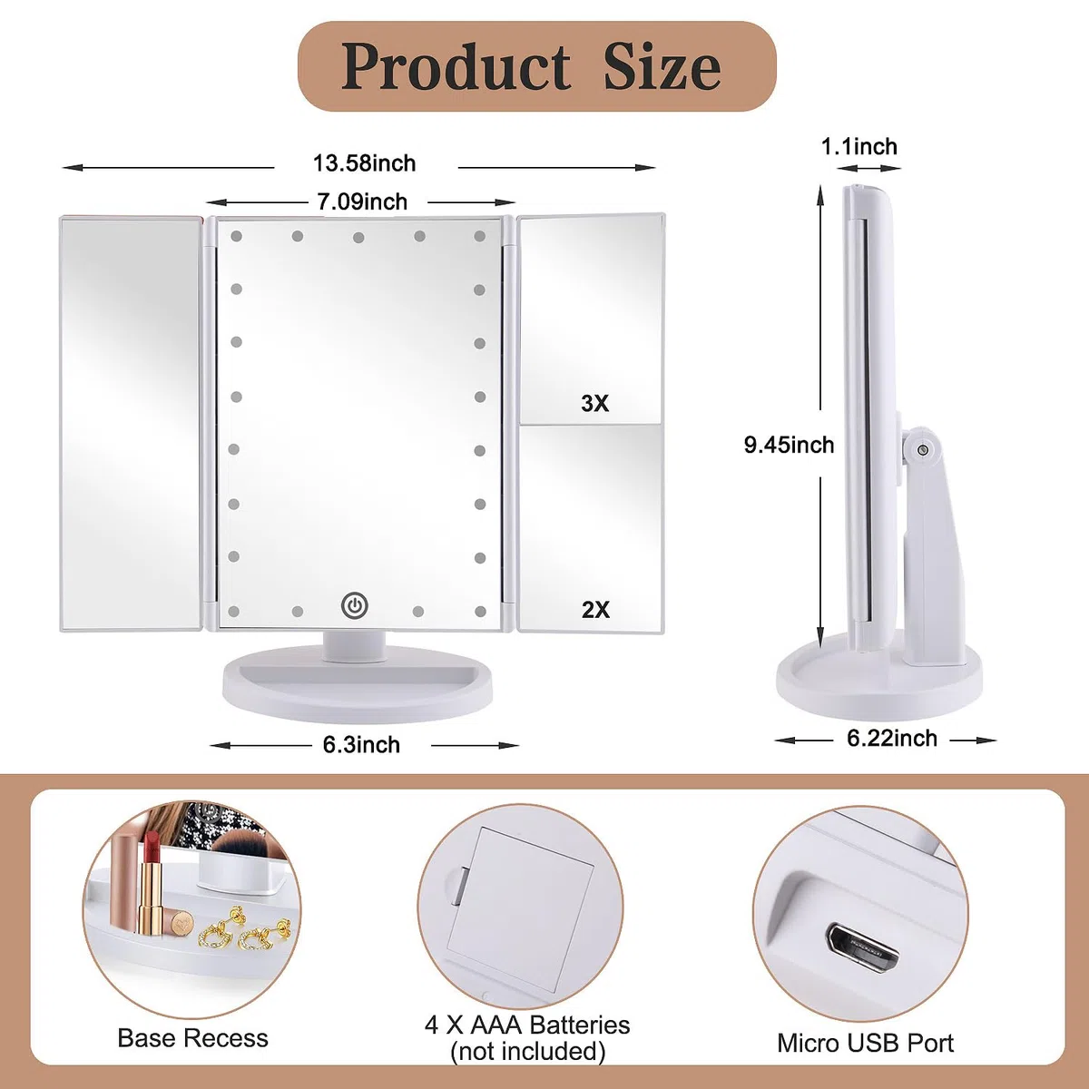 Infitrans Espejo de Maquillaje Tríptico con Aumento 1x, 2X, 3X, Espejo Cosmético Pantalla Táctil en Iluminacíon 21 Led, Adjustable 180º (Blanco)