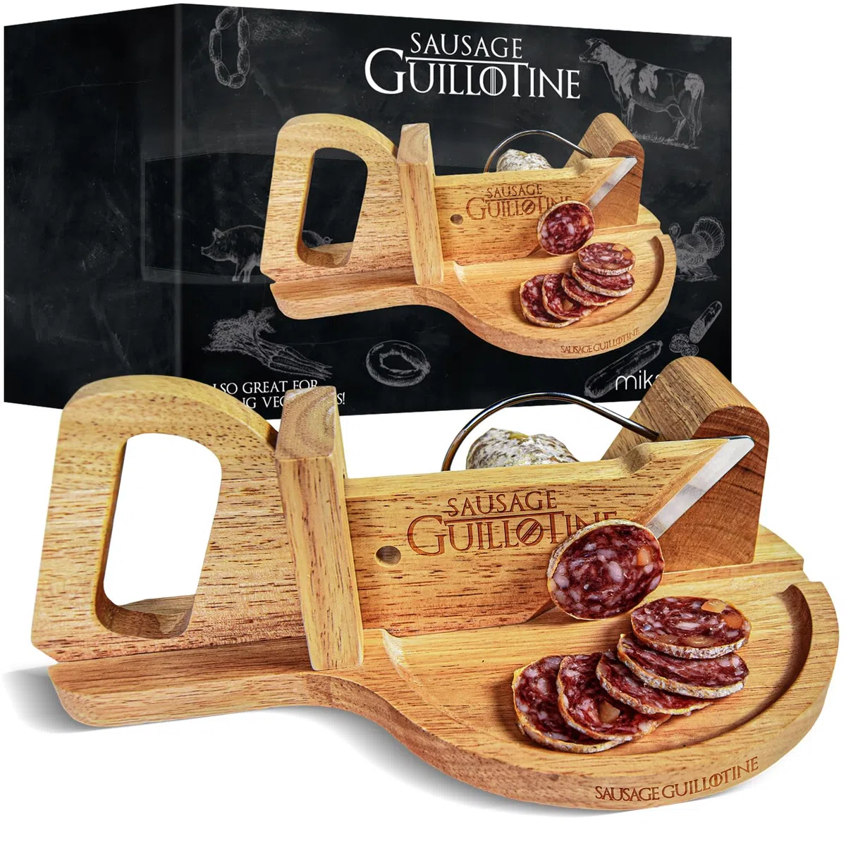 mikamax - Guillotina de salchicha - Guillotina para cortar embutidos, verduras y queso - Madera sólida