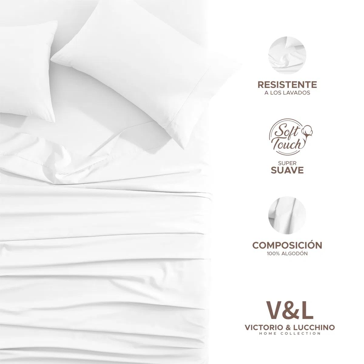 Victorio & Lucchino V&L Juego de Sábanas de Hostelería 100% Algodón Blanco – Suaves, Transpirables y Resistentes – Incluye Encimera, Bajera Ajustable y Funda(s) de Almohada | Cama 105cm (1 Almohada)