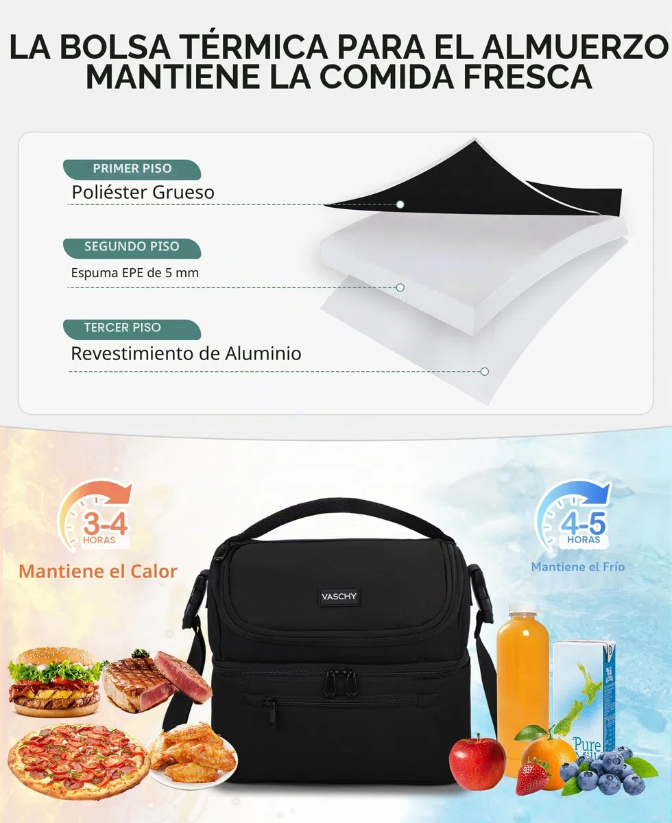 VASCHY Bolsa Térmica Porta Alimentos, Bolsa Comida Trabajo Bolsa Almuerzo Bolsa Isotermica Nevera Portatil con Dos Compartimentos y Correa Ajustable para Picnics, Playa, Camping, 13,4 L, Negro