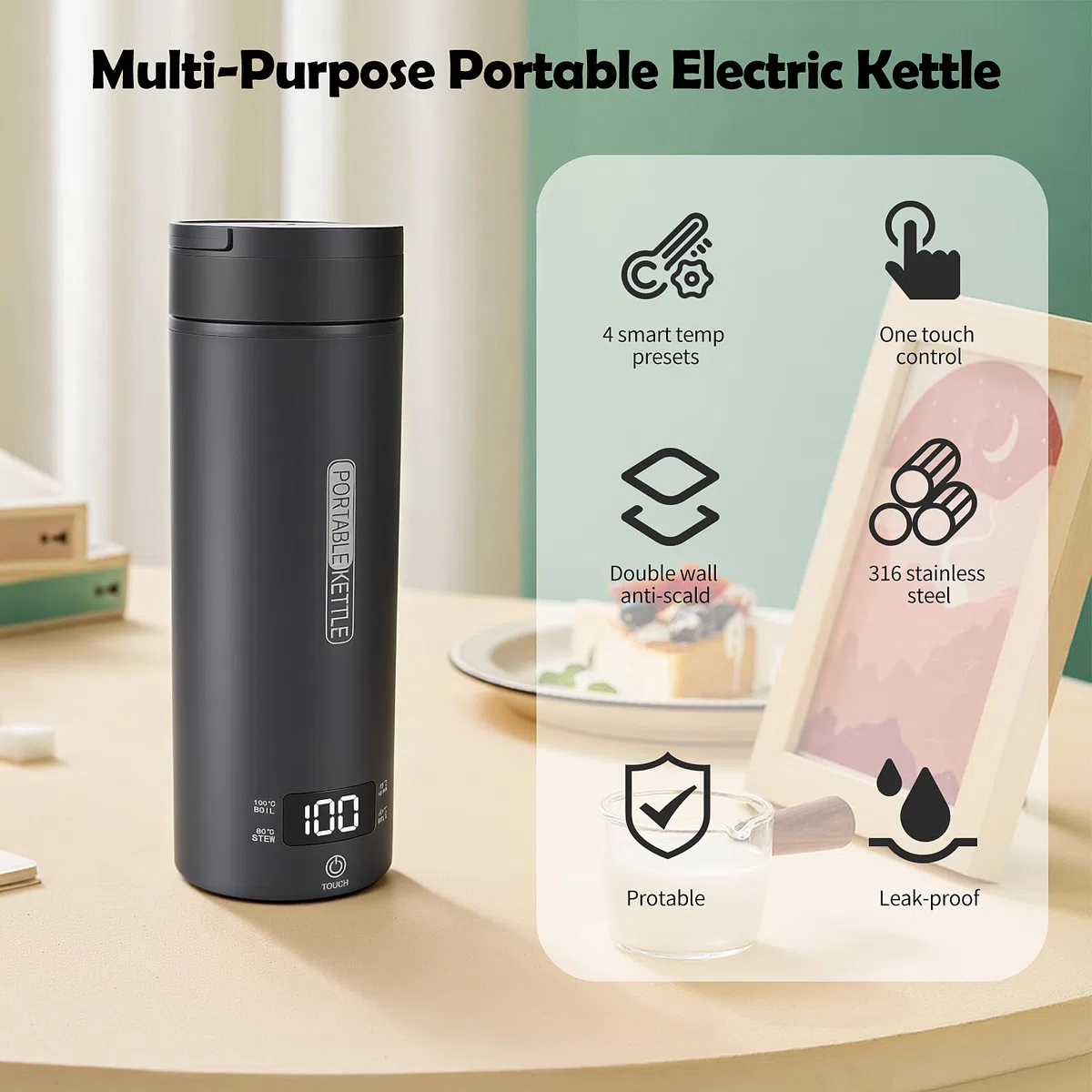 Hervidor eléctrico portátil de viaje, 450 ml, hervidor de agua caliente de viaje, té de café, apagado automático y protección en seco con acero inoxidable 316, 4 reguladores de temperatura (Gris)