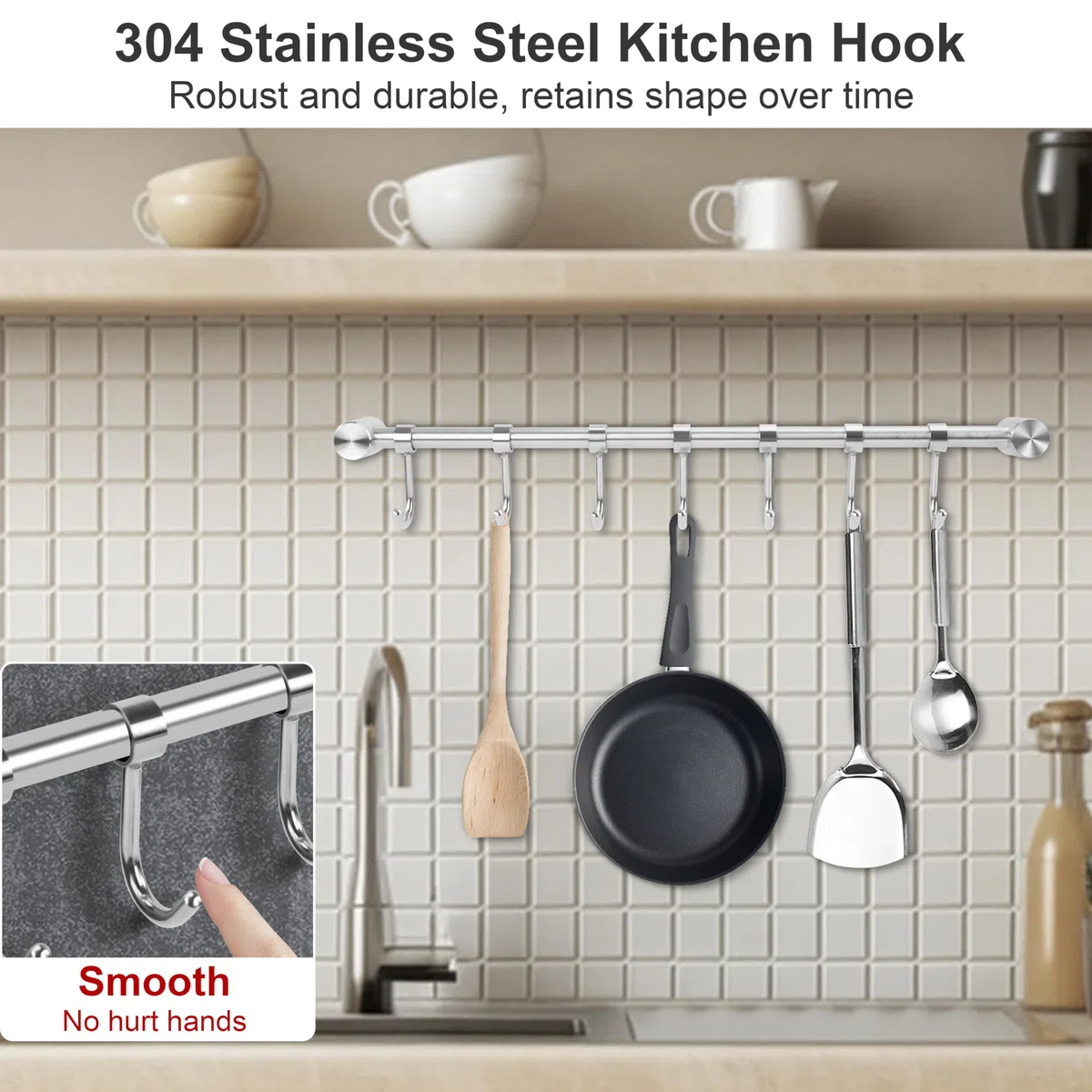 Barra de Gancho de Cocina de Acero Inoxidable, 53 cm Colgador Utensilios Cocina Barra con 10 Ganchos Móviles, Soporte Barra Colgante para sartenes, varilla portavasos