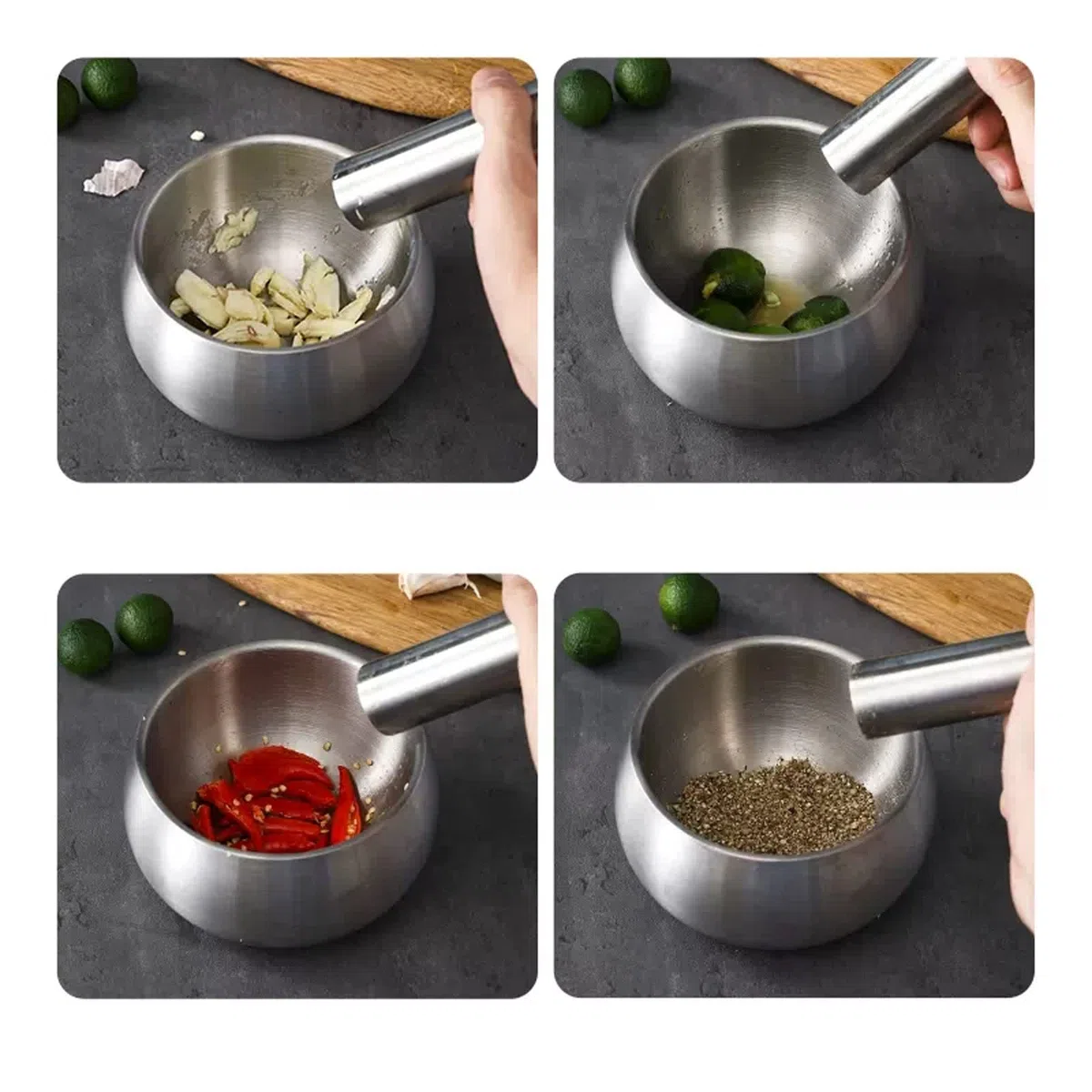 Prensa de ajos de acero inoxidable Juego de mortero y maja pequeños Mango y tapa de silicona Trituradora de molinillo de especias y hierbas de acero inoxidable cepillado for guacamole, especias, ajo,