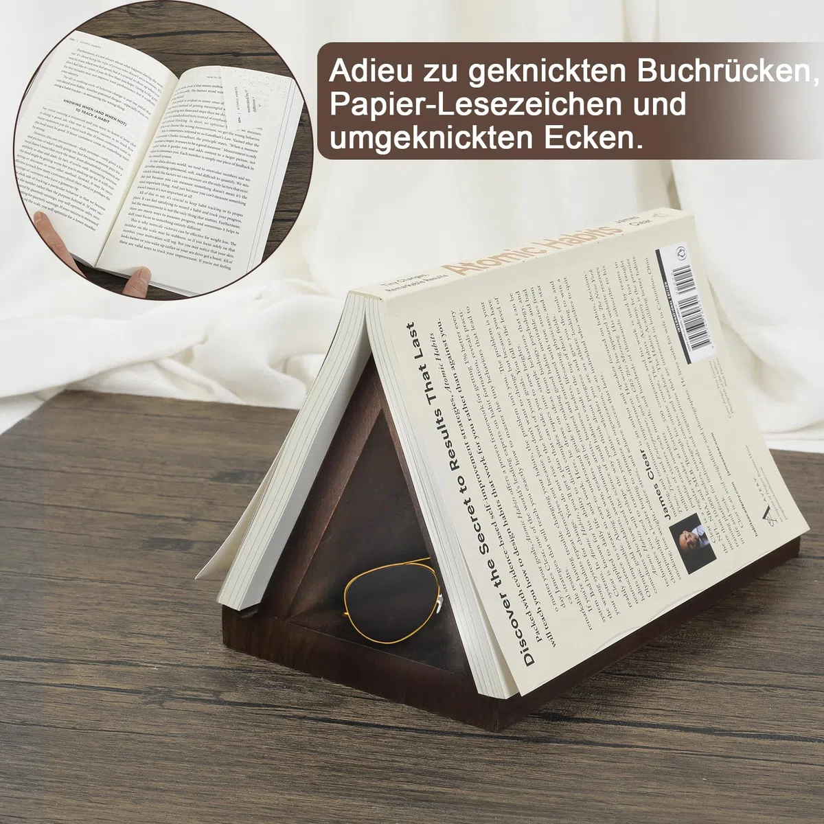 Soporte de libros triangular de madera con soporte para bebidas, soporte de libros de madera con ranuras, contador triangular con bandeja de café, regalos para amantes de los libros,