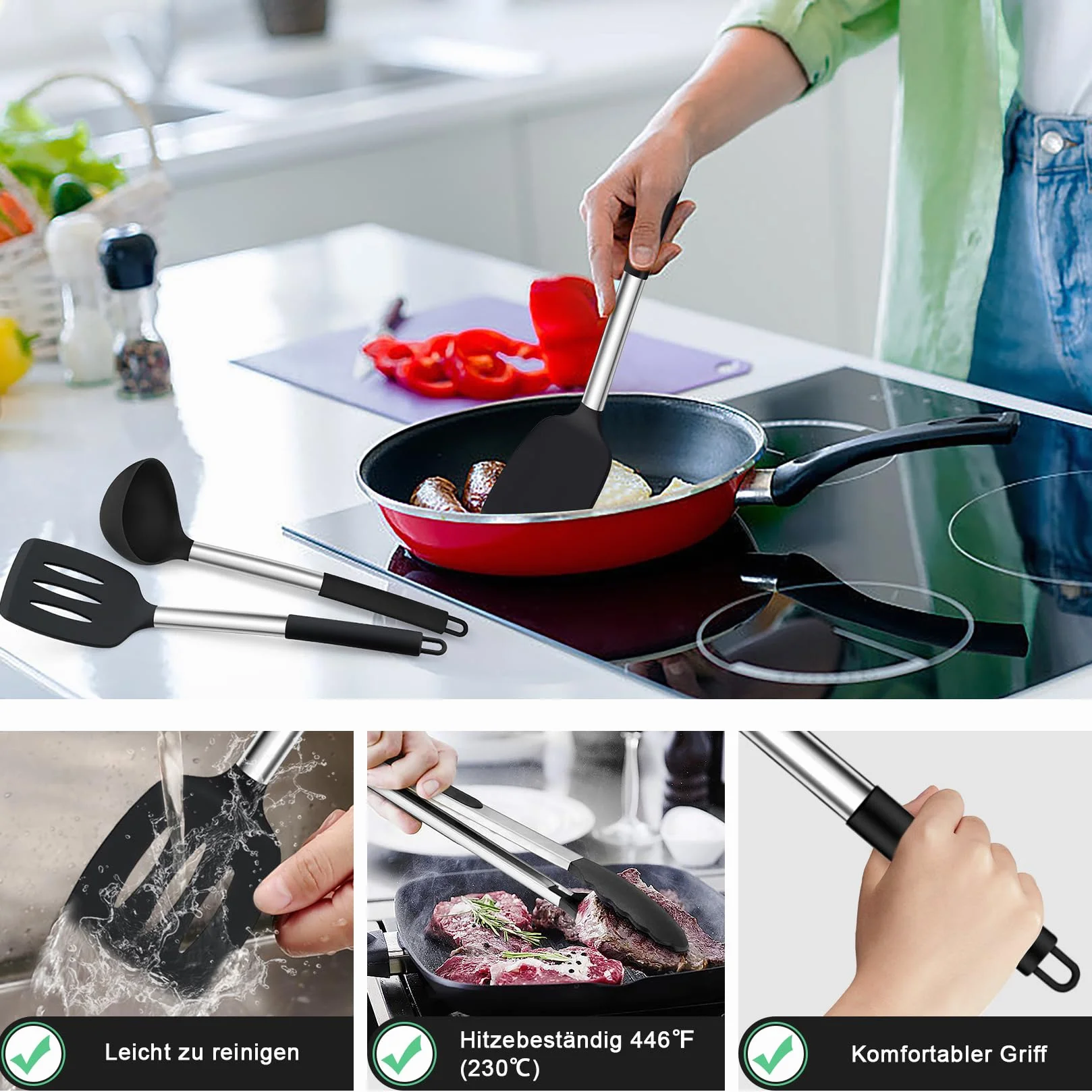 Onader Juego de utensilios de cocina, 7 unidades, de silicona, con mango de acero inoxidable, antiadherente, seguro para utensilios de cocina, resistentes al calor y aptos para lavavajillas, color