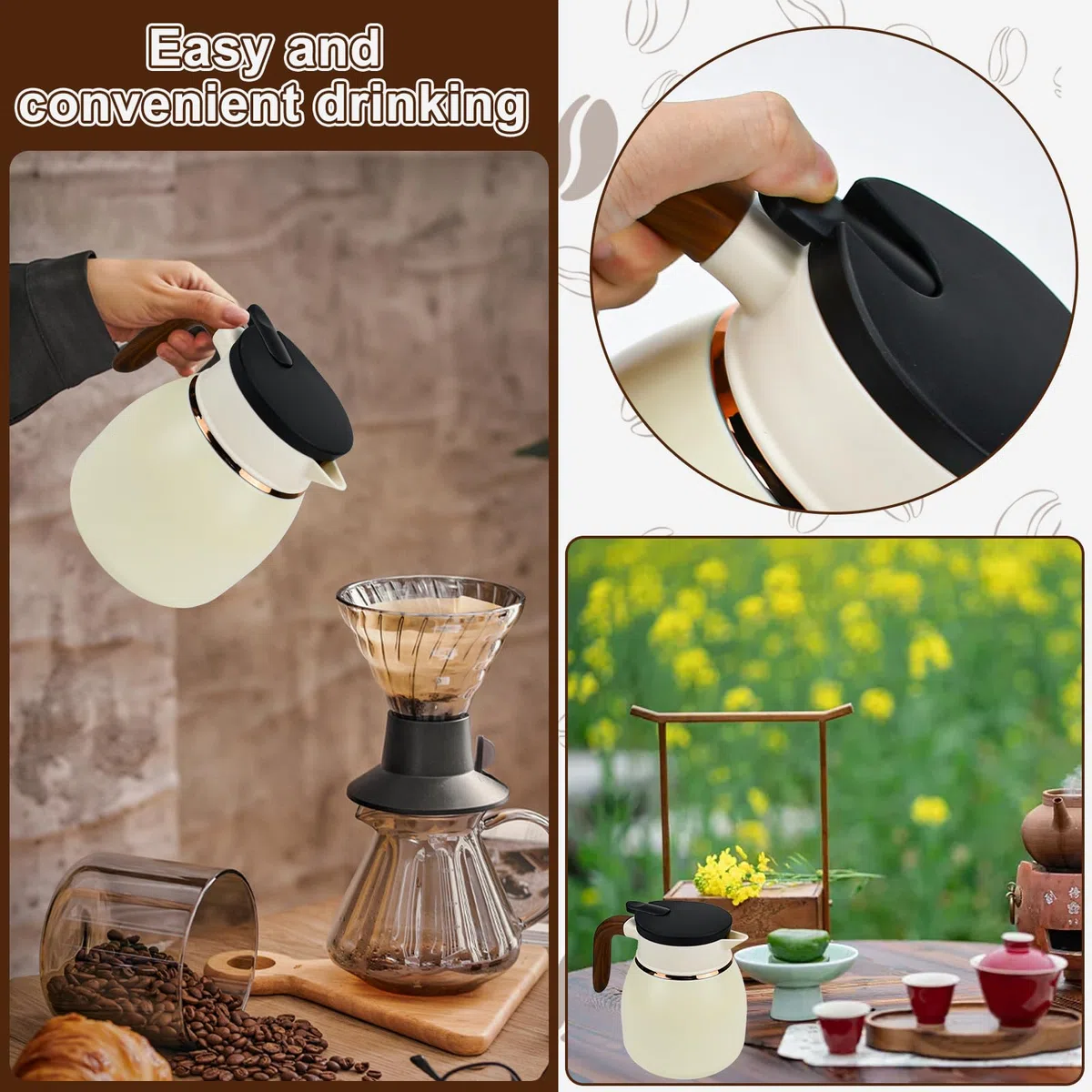 Jarra Térmica para Café de Acero Inoxidable Jarra de Café de Doble Pared al Vacío Jarra Aislante con Colador de Té Desmontable para Café Té Agua Bebida (Blanca)