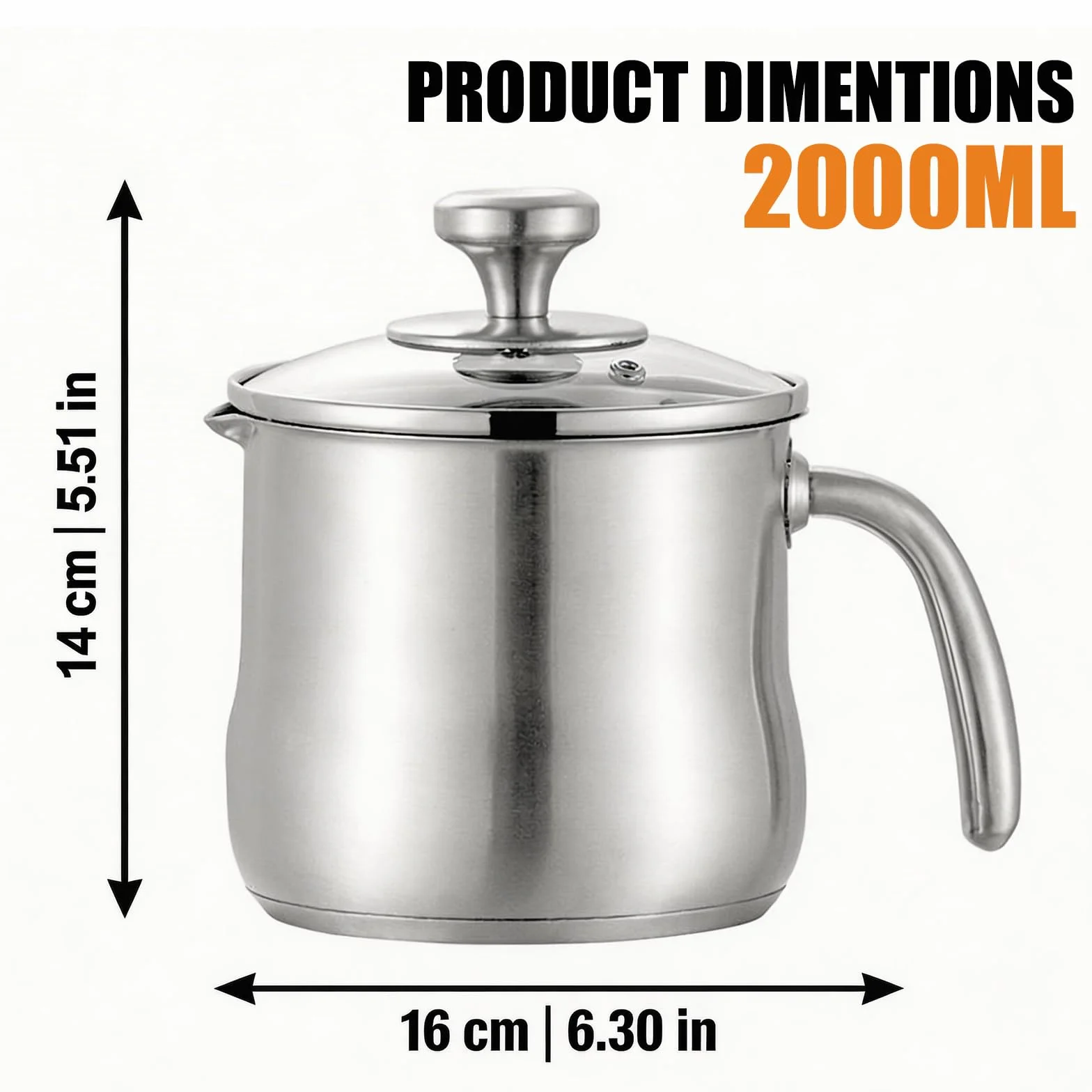 Olla para leche de 2 litros de acero inoxidable con tapa de cristal y vertedor, olla de inducción con asa, olla a fuego lento para pudin, para baño de agua, olla para fundir gas y todo tipo de fuegos