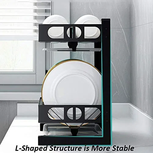 Estante de almacenamiento de acero inoxidable con bandeja de goteo, escurridor de platos para platos, tazas, vasos y cubiertos, diseño sobre el fregadero