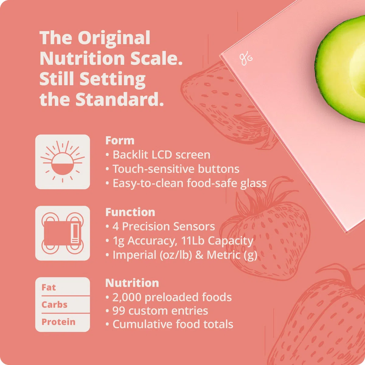 Greater Goods Báscula nutricional con vidrio de grado alimenticio, perfecta para contar calorías, preparación de comidas y pérdida de peso (rosa coral)