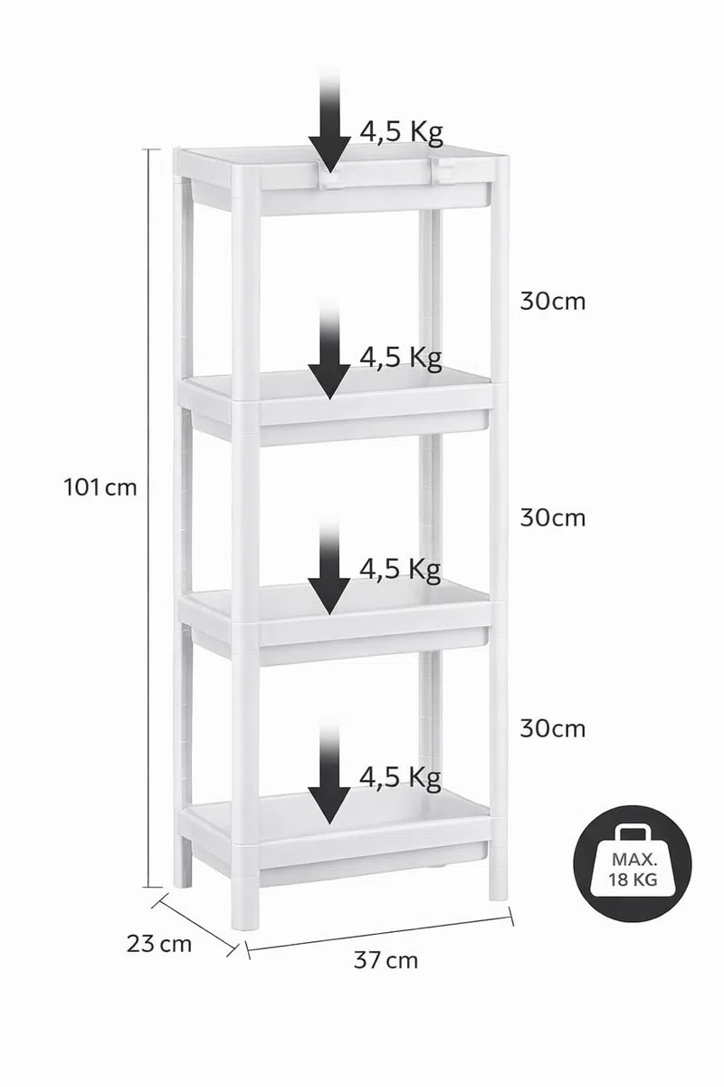 MARUKATSU Estantería Auxiliar 4 Baldas Blanca – Estantería Baño Estrecha Multiusos, Cocina, Lavadero o Dormitorio – Plástico PP Resistente, Ligera, Fácil Montaje sin Herramientas – 37x23x101 cm