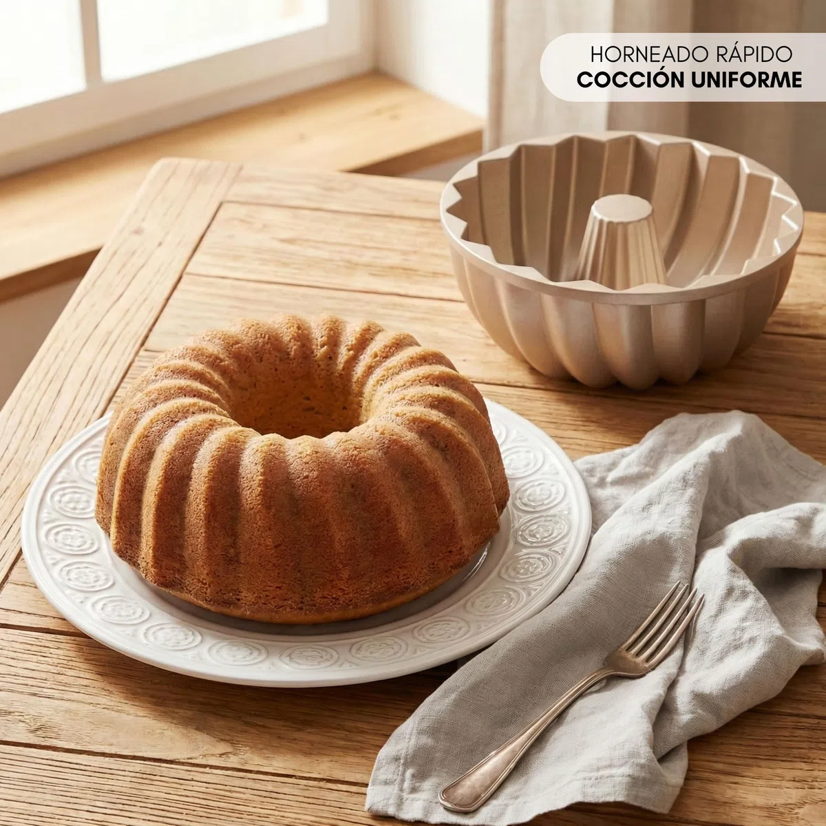 Erreke Molde Bizcocho Horno, Molde Tarta, Doble Capa Antiadherente, Aluminio Fundido Resistente, Savarín Cocción Uniforme, Repostería, Color Oro Rosa, 24cm, 2.5 litros, Clásico