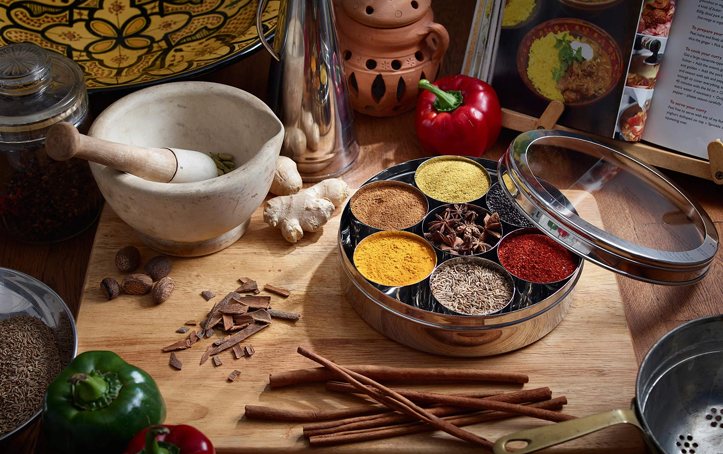 Indian-Tiffin Recipiente para Especias, de Acero, con 7 Compartimentos, hermético