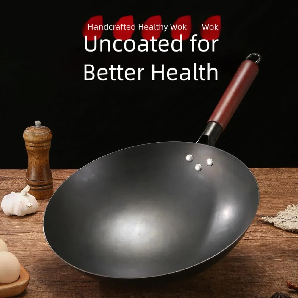Sartén wok de hierro fundido de 30 cm, 32 cm, 34 cm, 36 cm, sin revestimiento, resistente para cocina de gas o eléctrica, uso doméstico (12.6 pulgadas)