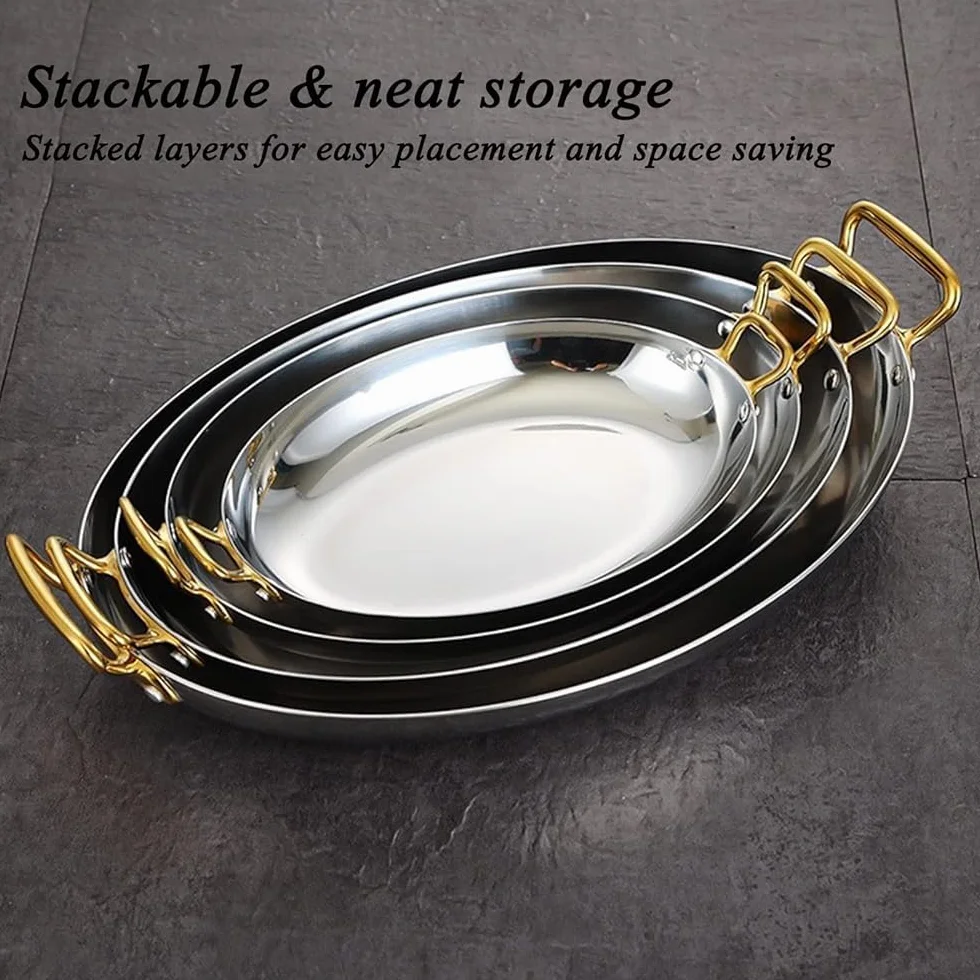 Plato ovalado de acero inoxidable con asas dobles para mariscos, carnes, postres, elegante bandeja para aperitivos, esencial para la cocina, acabado plateado, 25 cm