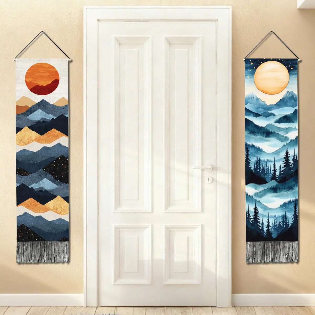 PRESSINART 2 piezas 2 estilos Tapiz Largo Boho Vertical Luna Montaña Tapiz Bosque Árbol Estética Naturaleza Paisaje Arte Borlas Negras Colgante de Pared para Decoración de Dormitorio Sala de Estar