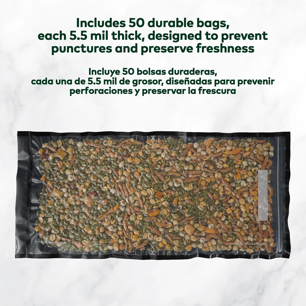 Bolsas de sellado al vacío con cremallera de 11 x 24 pulgadas (50 unidades) 5.5 mil (negro y transparente), sin BPA, de grado comercial, ahorro de alimentos para almacenamiento, al vacío y