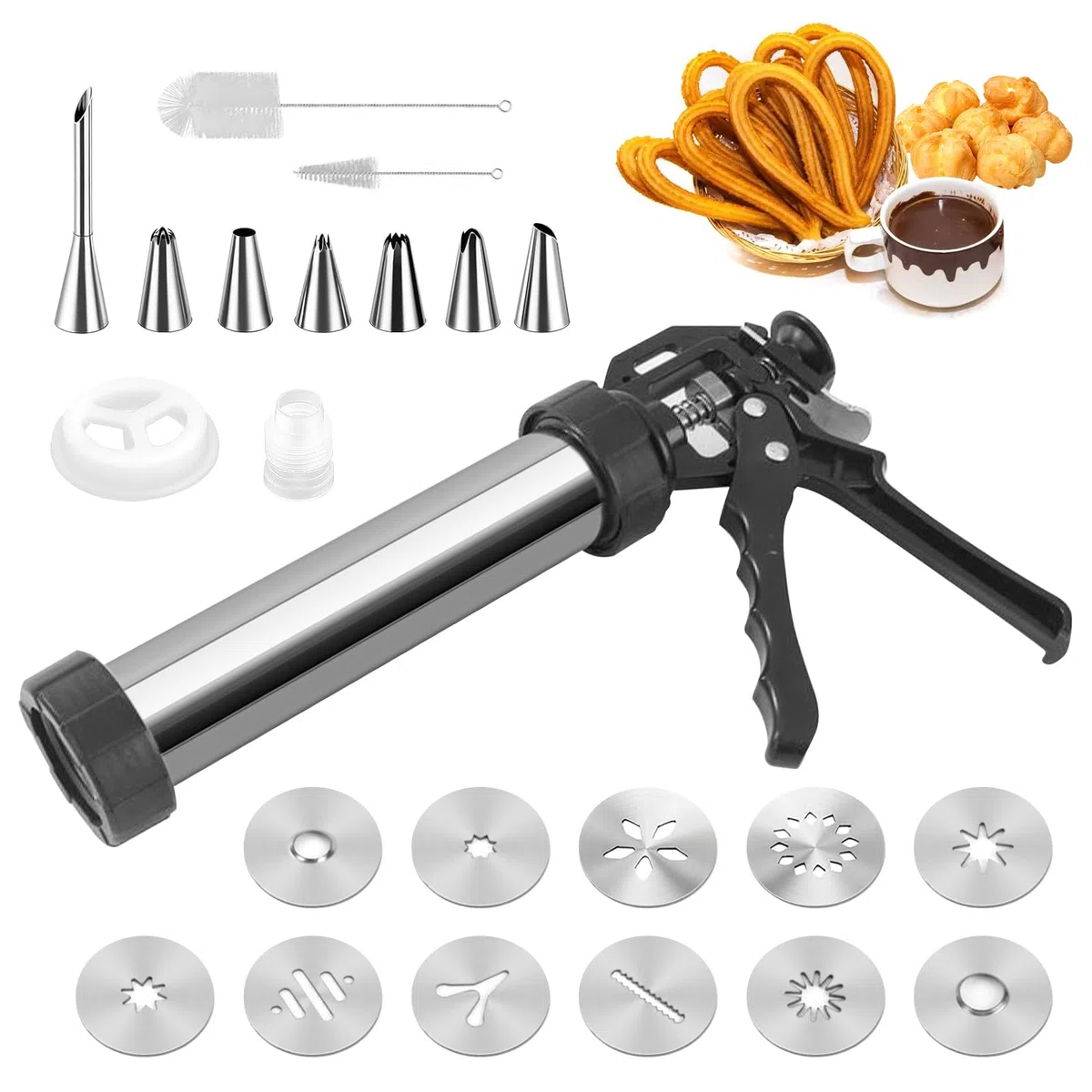 Churrera Profesional de Acero Inoxidable, Set para Repostería con 11 Cortadores y 7 Boquillas, Máquina para Hacer Churros y Porras para Uso Doméstico