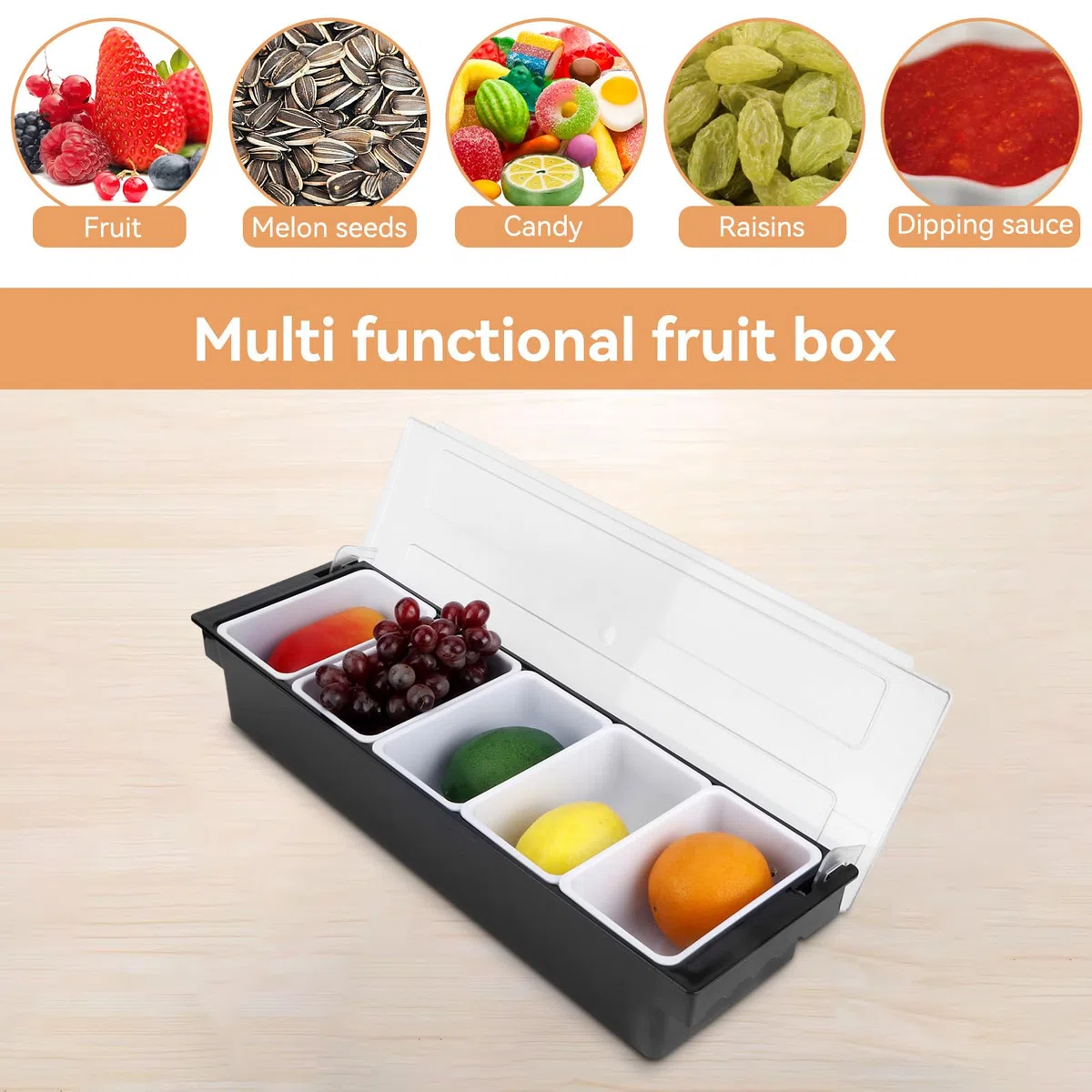 Cesta Para Frutas Con Tapa, Bandeja Dispensadora De Plástico Con Compartimentos Para Decorar Barras, Dispensador De Alimentos Y Condimentos Para Servir Tacos/Helados/Fruta/Ensaladas (5 Compartimentos)