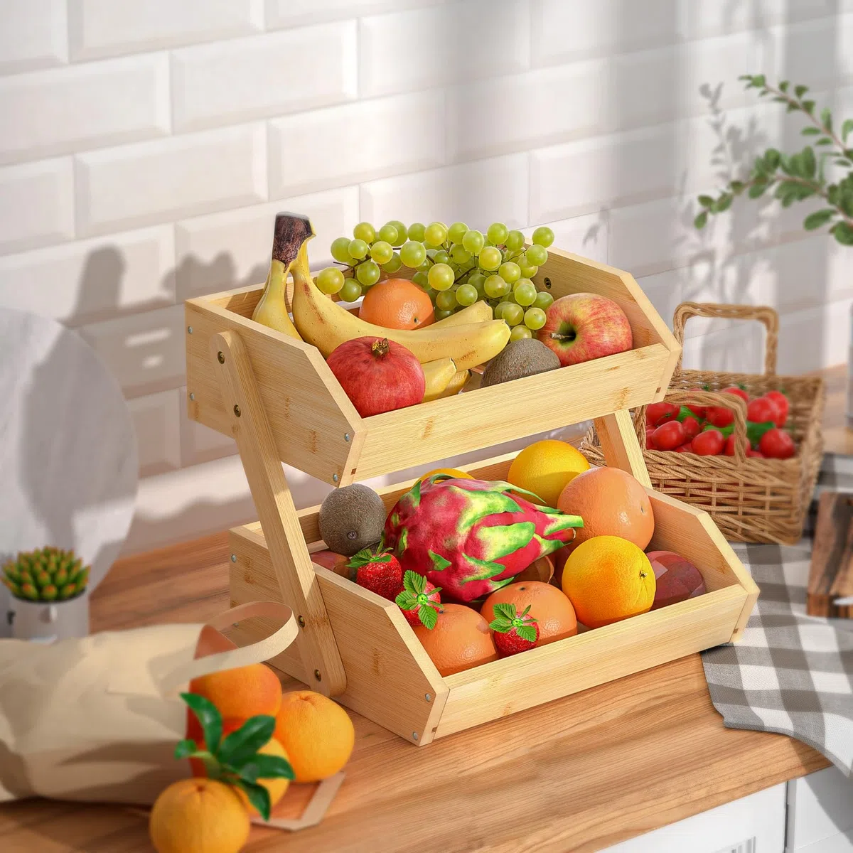 Calm Cozy Soporte de bambú para Cesta de Frutas, 2 Niveles Estante para Frutas,Cesta de Almacenamiento de Pan, Soporte para Verduras para encimera de Cocina