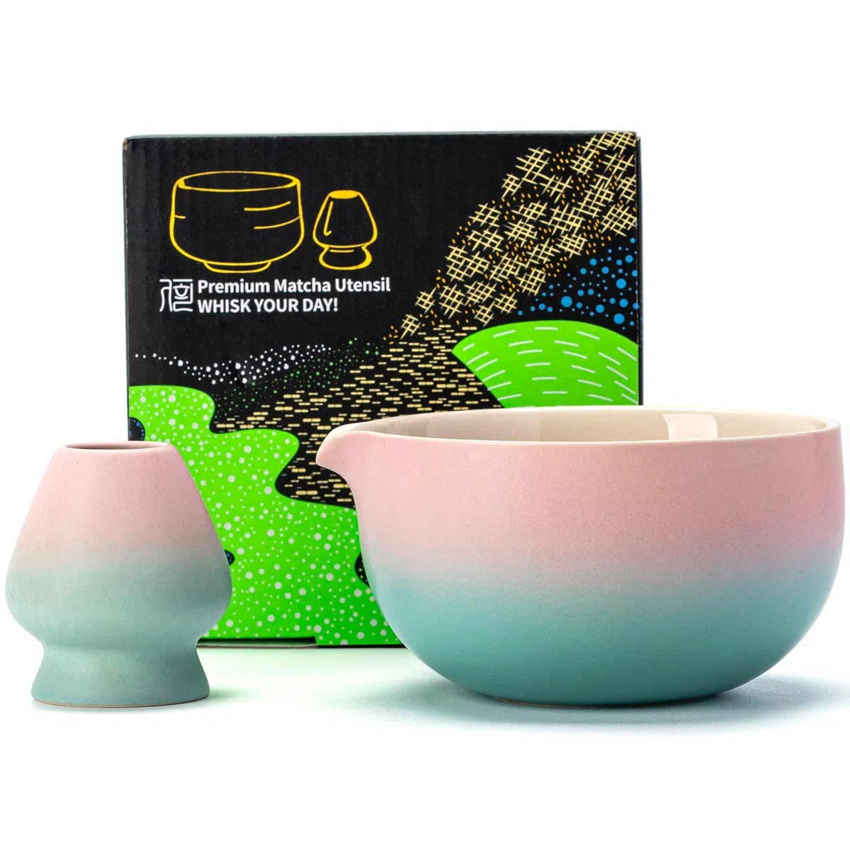 TEANAGOO Tazón de Cerámica Japonesa Matcha con Batidor,18 OZ.K11,Verde Rosa Degradado,Tazón de Té Matcha Chawan,Tazón de Cerámica Matcha,Tazones de Té para...