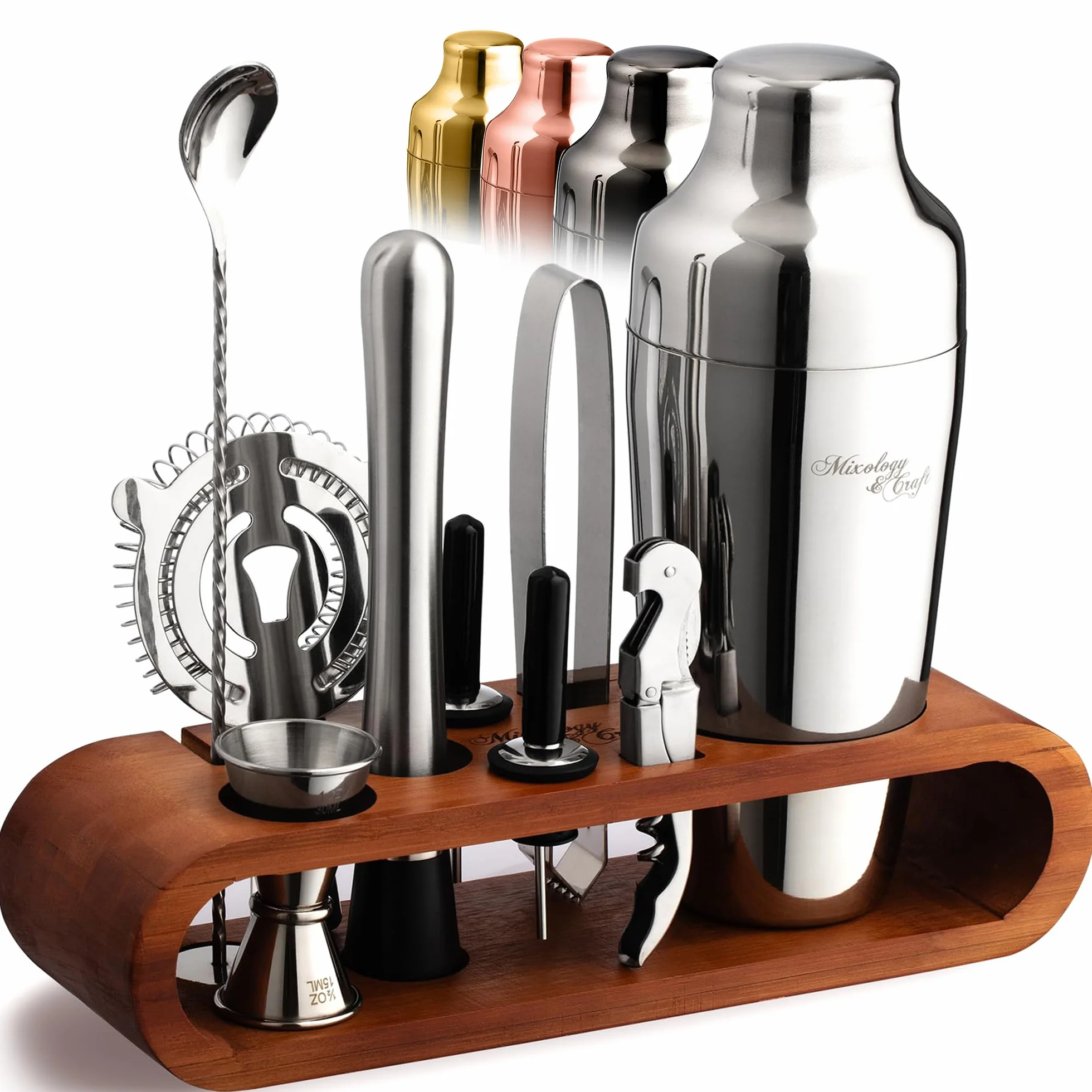 Mixology Bartender Kit: 10-Piece Bar Tool Set with Mahogany Stand | Perfect Home Bartending Kit and Martini Cocktail Shaker Set For a Perfect Drink Mixing Experience | Fun Housewarming Gift (Silver)