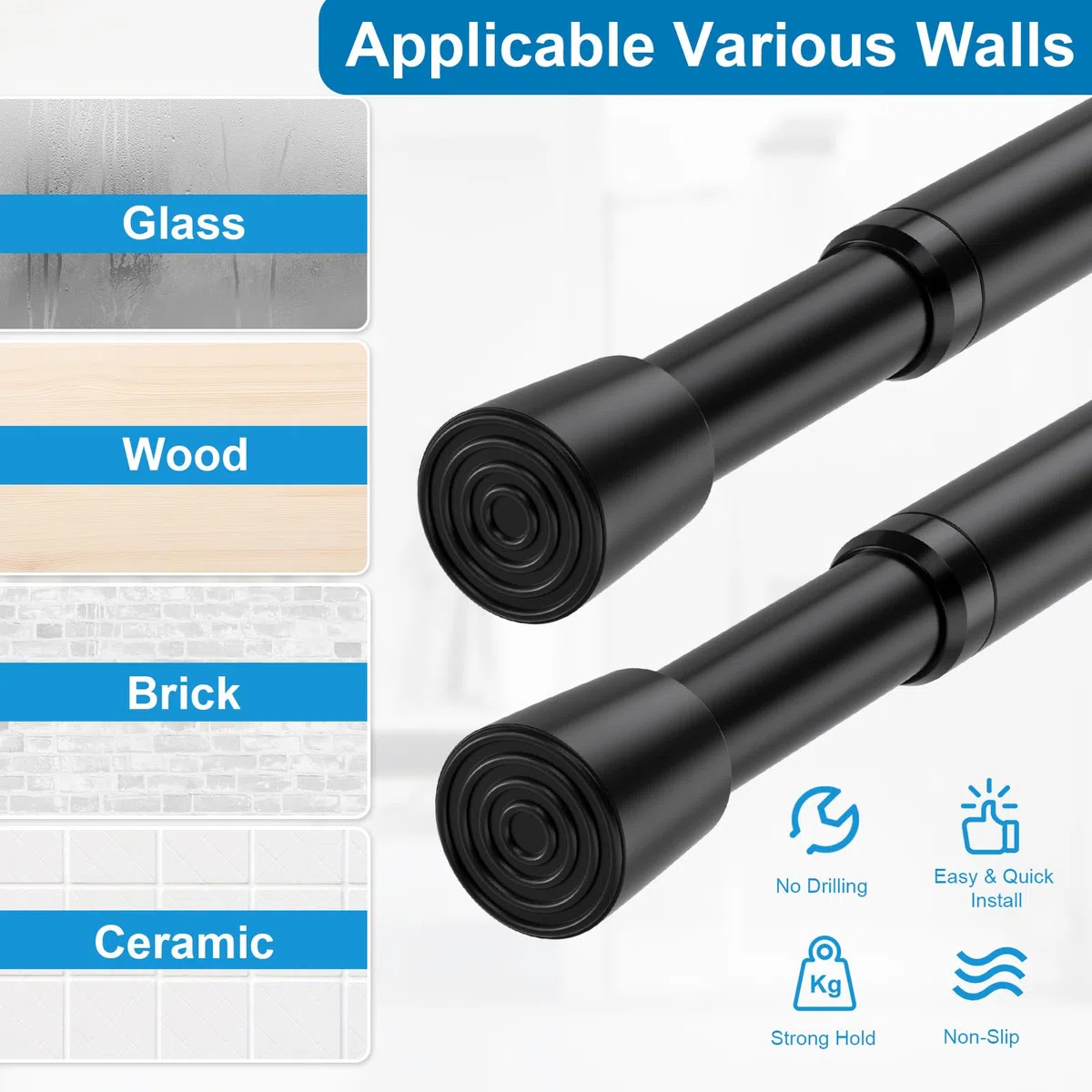 Varillas de tensión para cortinas de 80 a 150 cm, paquete de 2 barras de cortina de ducha con resorte, barra de cortina extensible para ventana, baño, armario