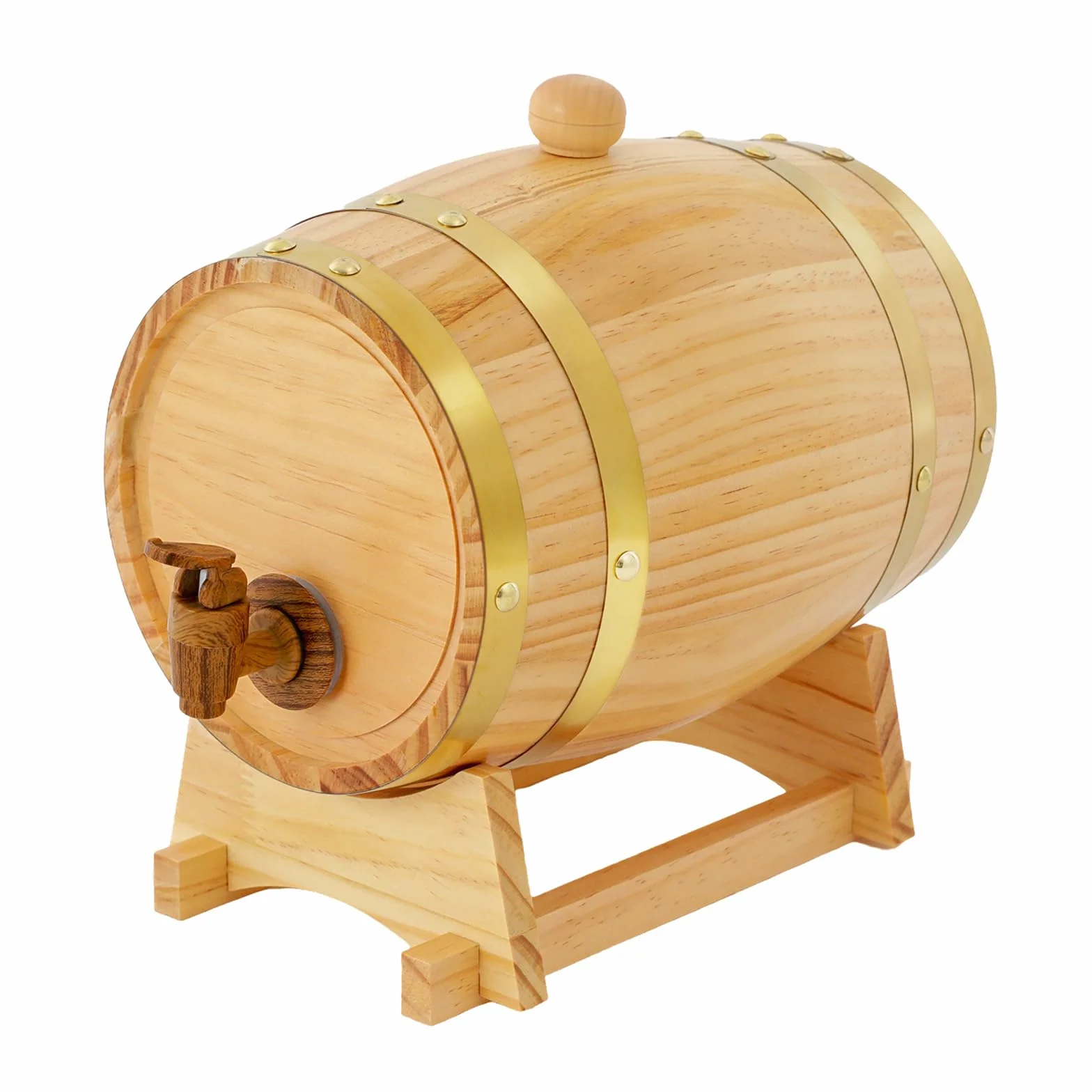 Barril de vino, madera de pino de 3 l, con varillas de acero inoxidable y grifo, barril de fermentación tradicional para vino/whisky, incluye soporte (16 x 23,5 cm), ideal para cervezas y bares