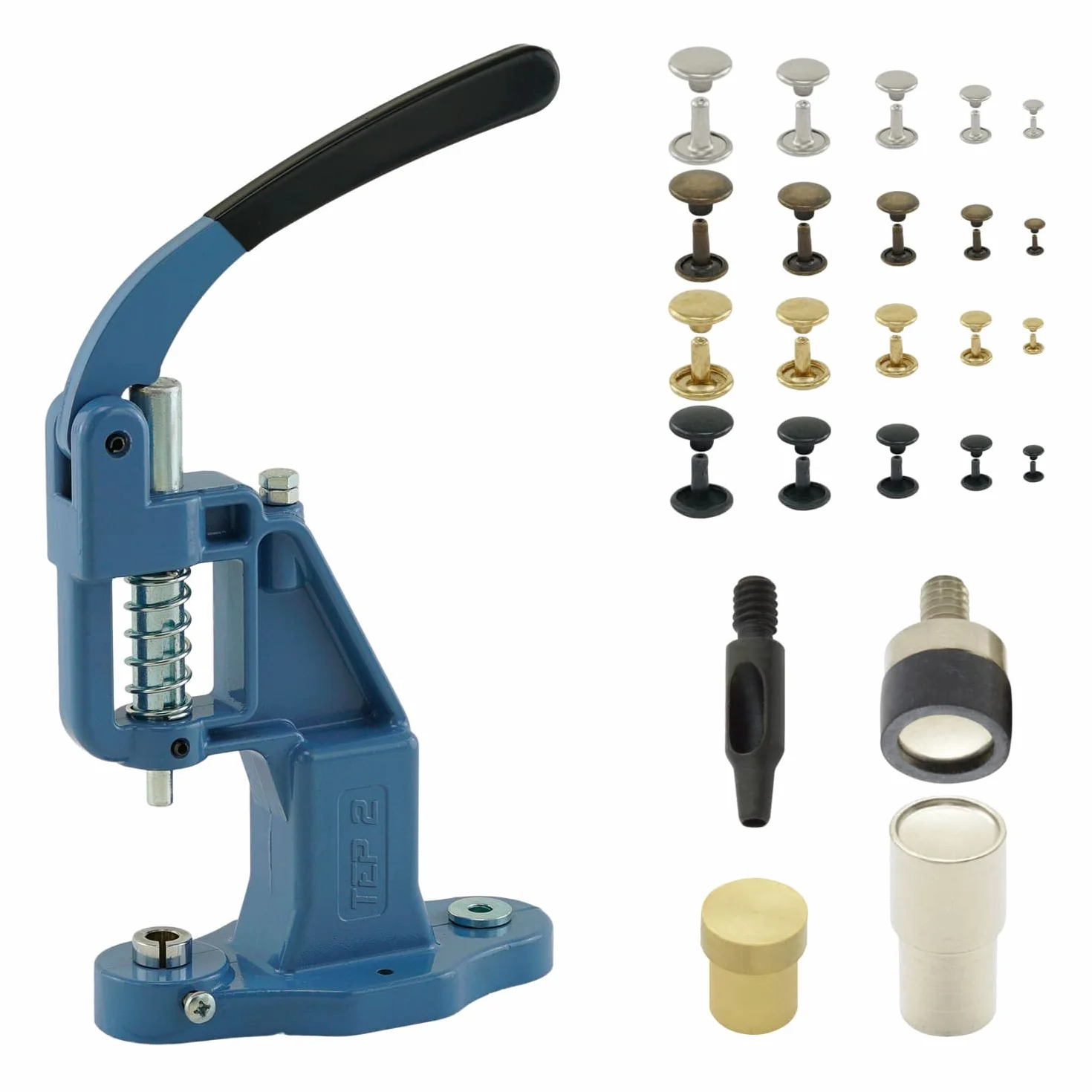 Getmore Crafts Juego de prensa de remaches con palanca, herramienta de remachado y 50 remaches de doble cabeza de 9 mm, oro, acero | Prensa manual | DIY | Para cuero, ropa, vaqueros, cinturones,