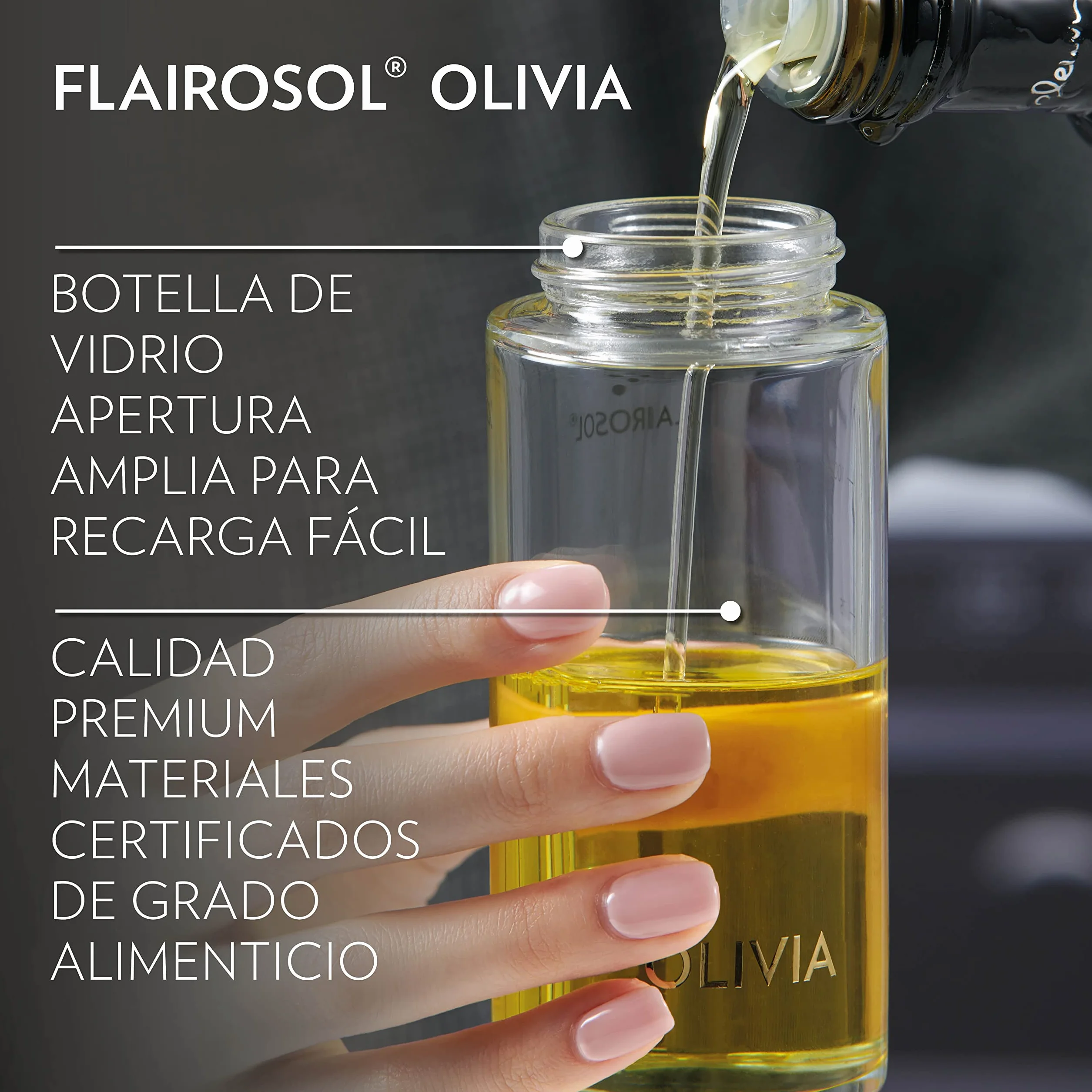 FLAIROSOL OLIVIA. El Pulverizador de Aceite Avanzado Original para Cocina, Barbacoas, Pulverización Continua con Control de Porciones, Confiado por Chefs. Tecnología Patentada.130 ml (Logo Dorado)